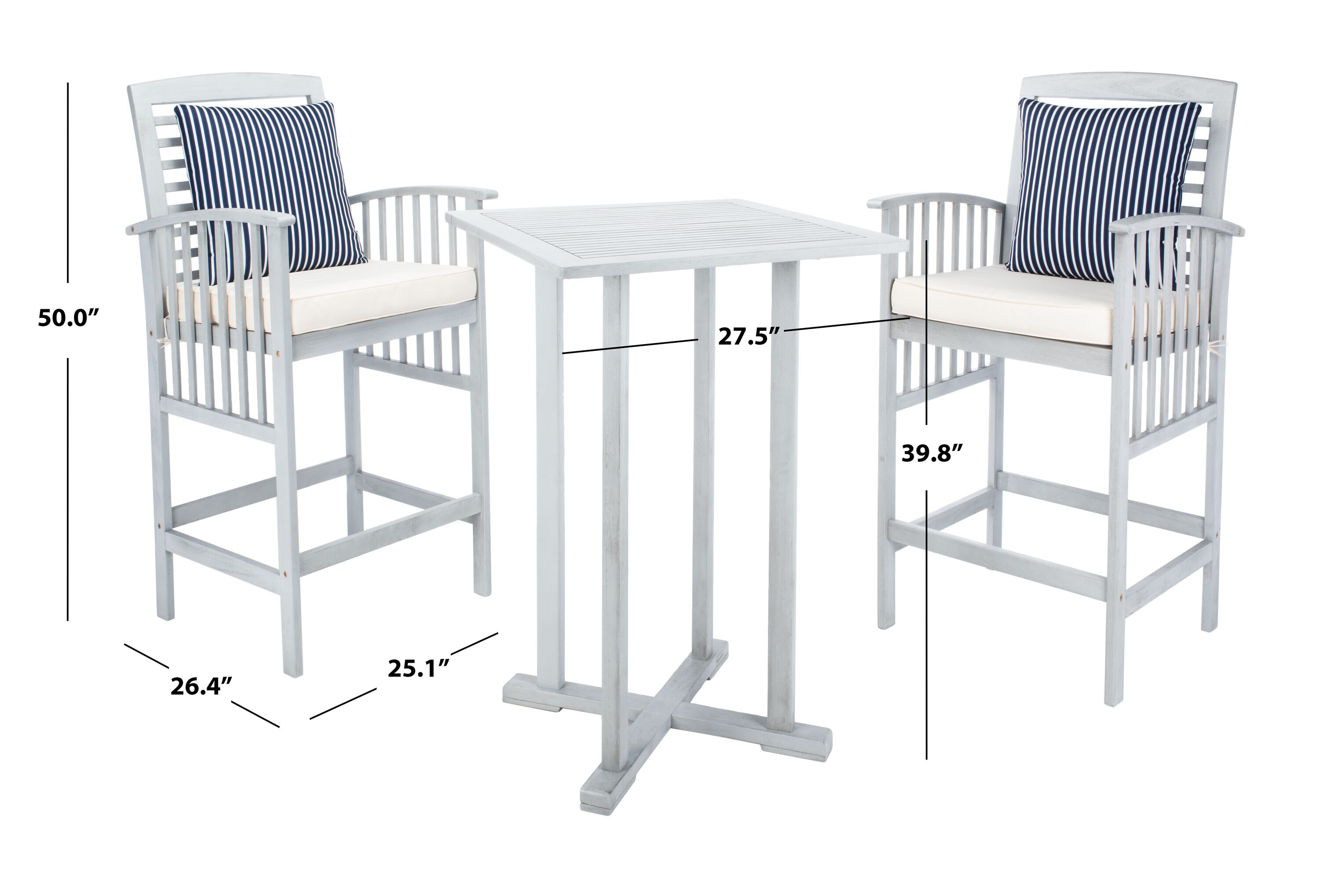 Gray Wooden 3-Piece Bar Height Bistro Set with Cushions