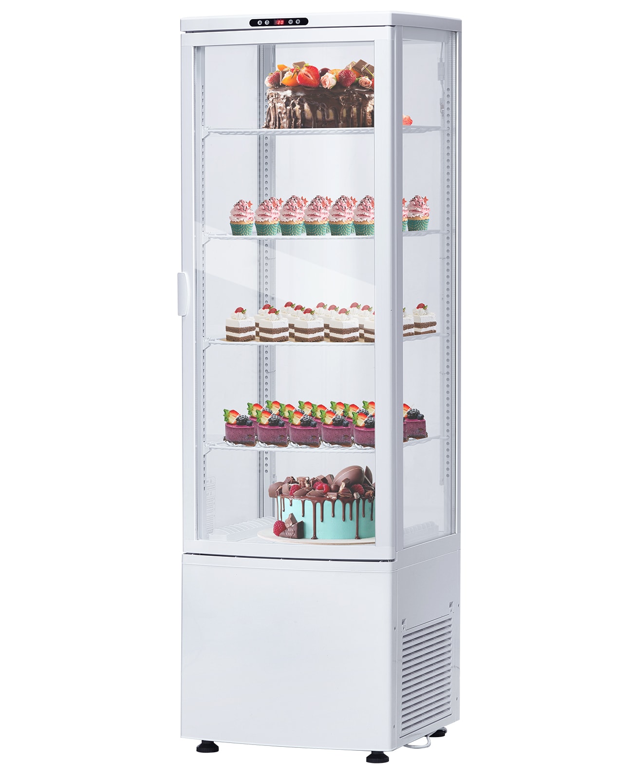 Garvee C7X-3QFWIGAAKNA 8.4 Cu Ft Commercial Refrigerated Display Case Double Glass Doors 5 Tiers Frost Free Air Cooling Digital Control Sliding Door With LED Lighting Mobile White For Pastry Bakery
