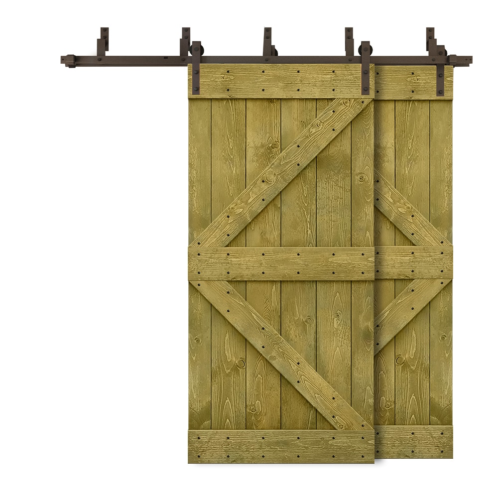 CALHOME 6XBP+S96+(2)K48DG 96-in x 84-in Jungle Green Knotty pine Wood Solid core Double Bypass Barn Door (Hardware Included)