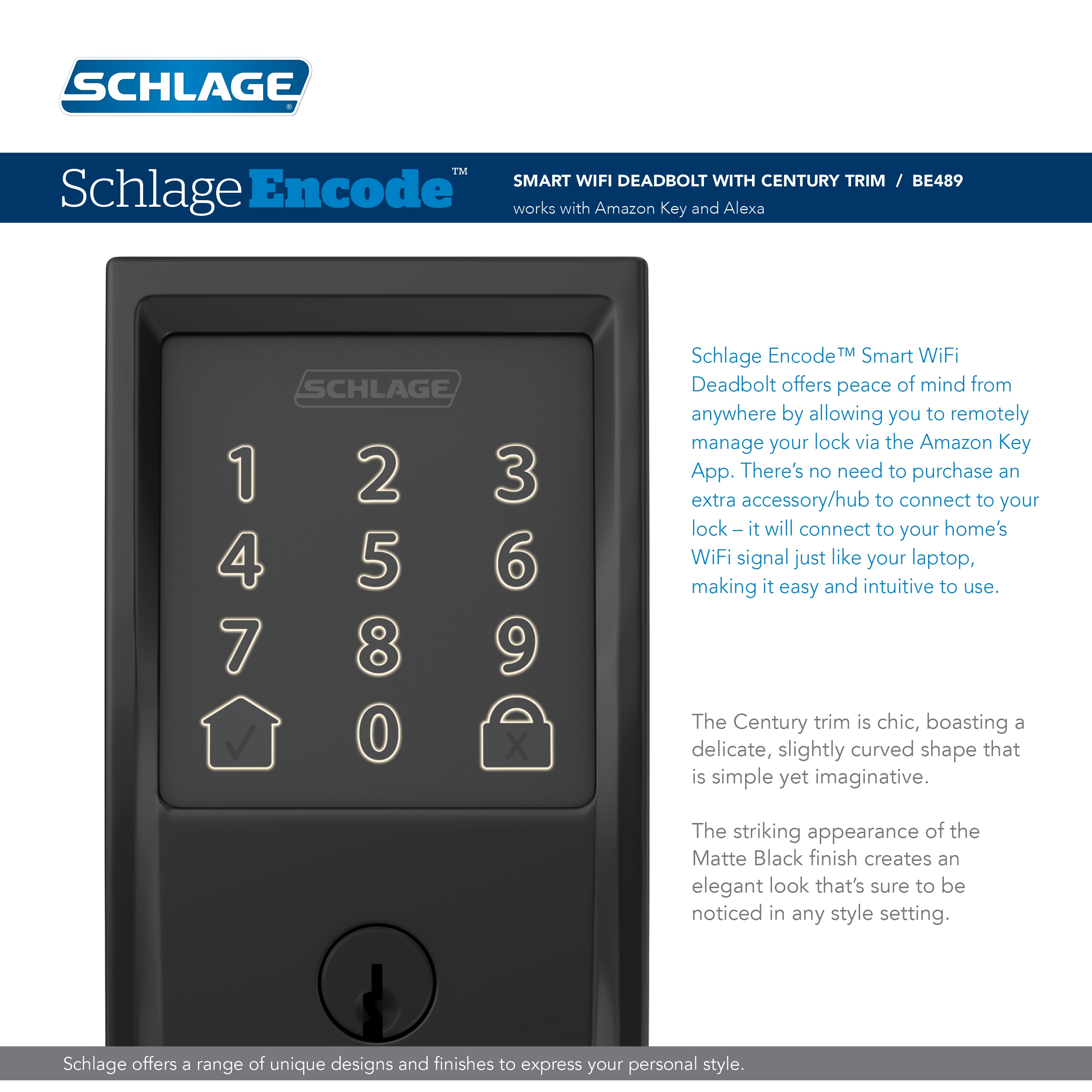 Schlage FE789WBCEN622LAT Encode Century WiFi Latitude Lever Smart Keyless Entry Touchscreen Door Lock, Matte Black - 1