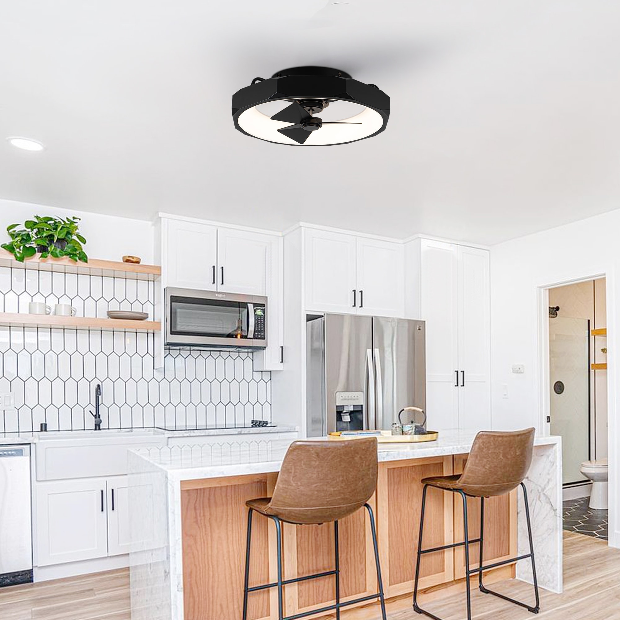 Modern Matte Black Low Profile 19" Ceiling Fan with LED Light and Remote