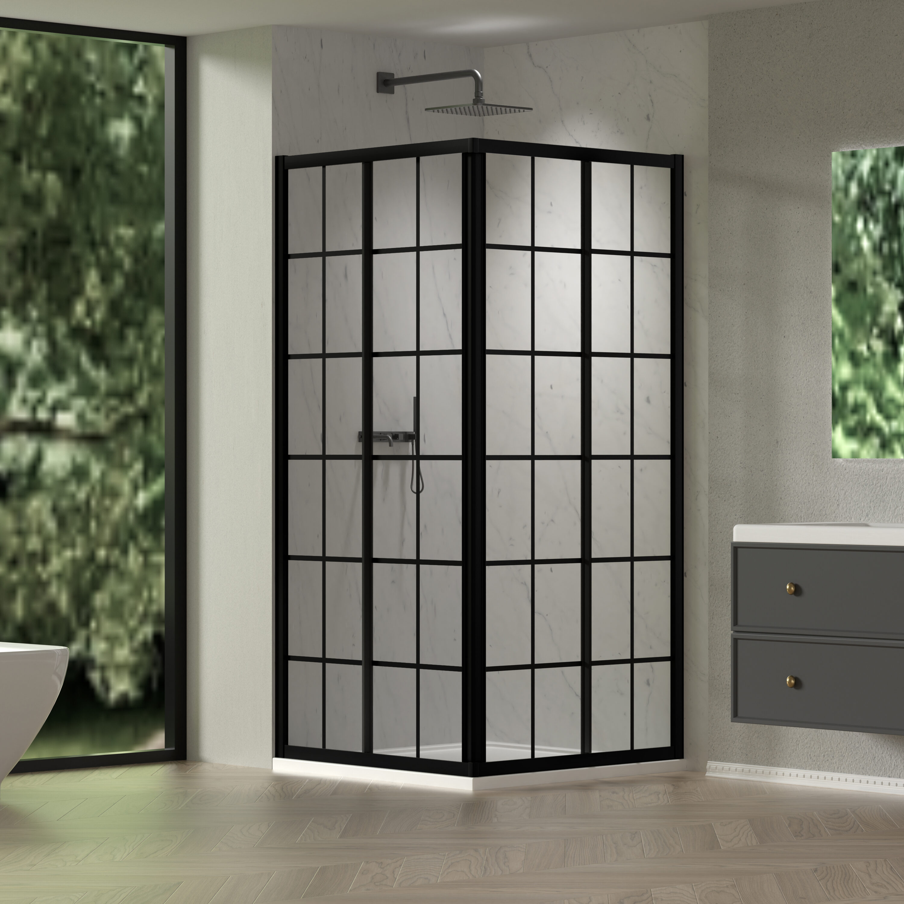 Vanityfus Sliding Corner Shower Enclosure 34.625 x 35.437 x 72 Inch Black Lines Glass Matte Black