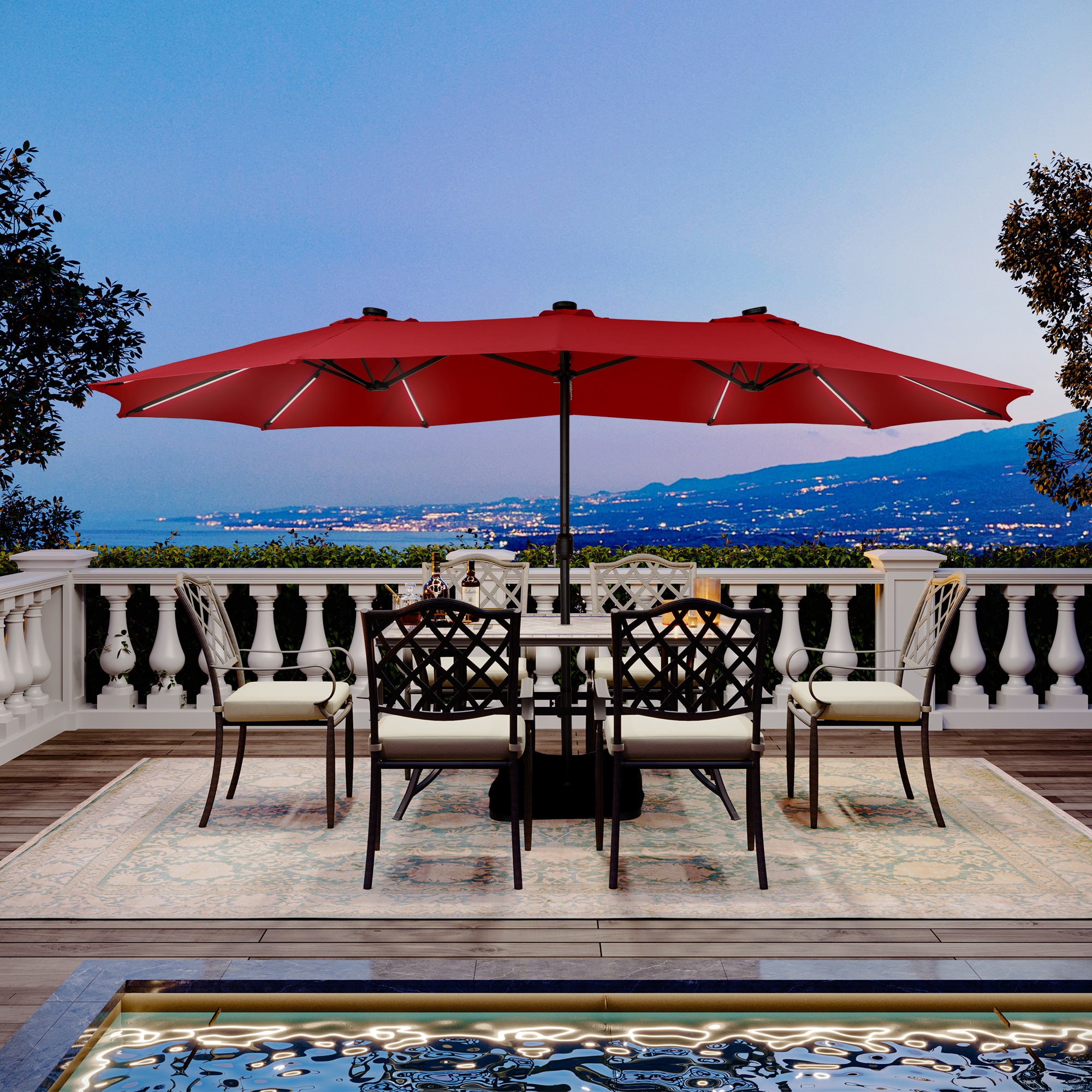 Clihome CLHT15L-TRD 15 Steel Red No-tilt Garden Patio Umbrella with Lights and with Base