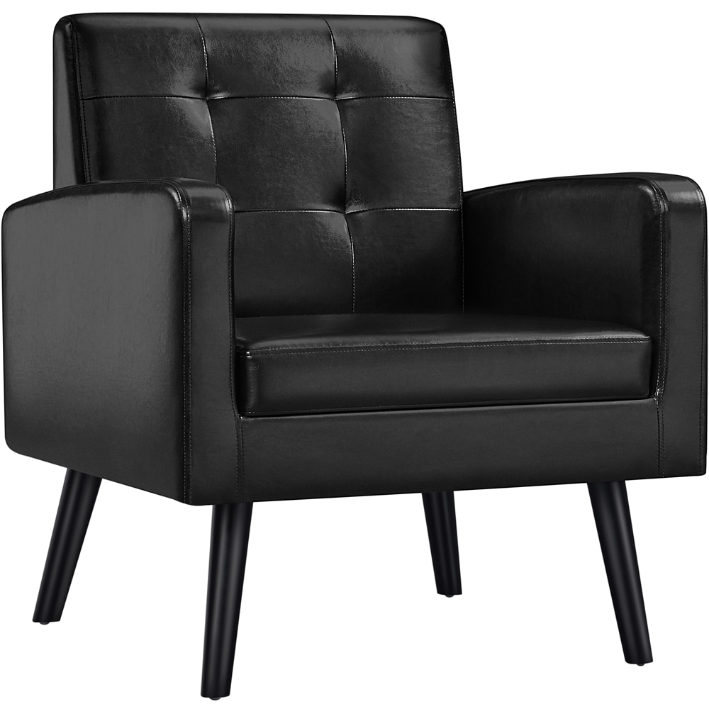 Yaheetech Black Mid Century Faux Leather Accent Chair with Solid Wood Legs
