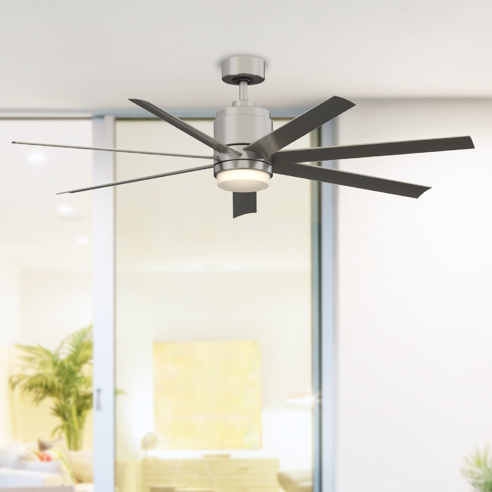 Fanimation Studio Collection Blitz 56-in Brushed Nickel with Gray Blades Integrated LED Indoor/Outdoor Ceiling Fan with Light and Remote (7-Blade) -  LP8377LBN