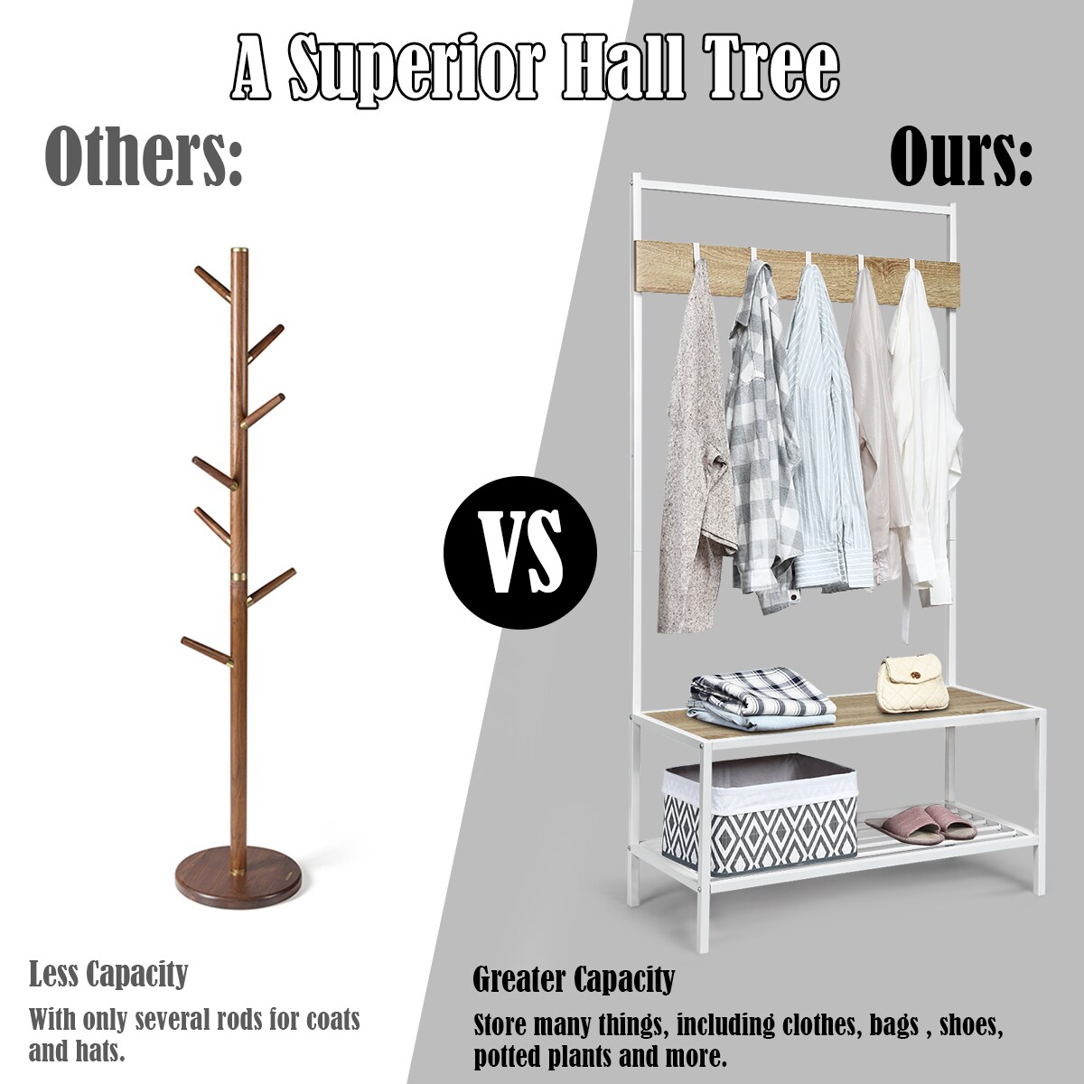 Goplus Contemporary Iron Hall Tree with Shoe Bench and Coat Rack - Natural  Finish - 5 Hooks - 3-in-1 Design in the Coat Racks & Stands department at