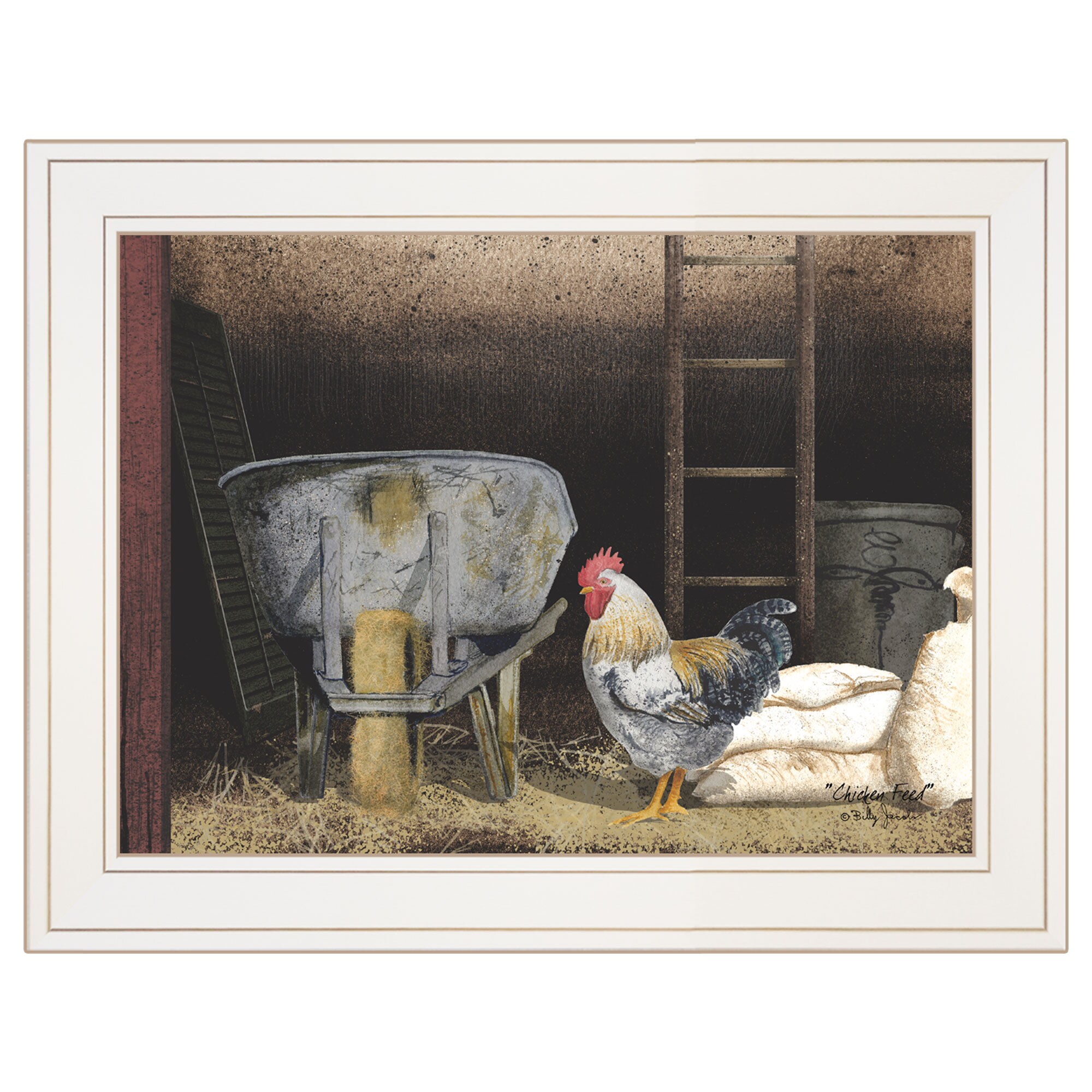 Trendy Decor 4U BJ139A-226G Chicken Feed Billy Jacobs White Wood Framed 15-in H x 19-in W Vintage/Retro Paper Print