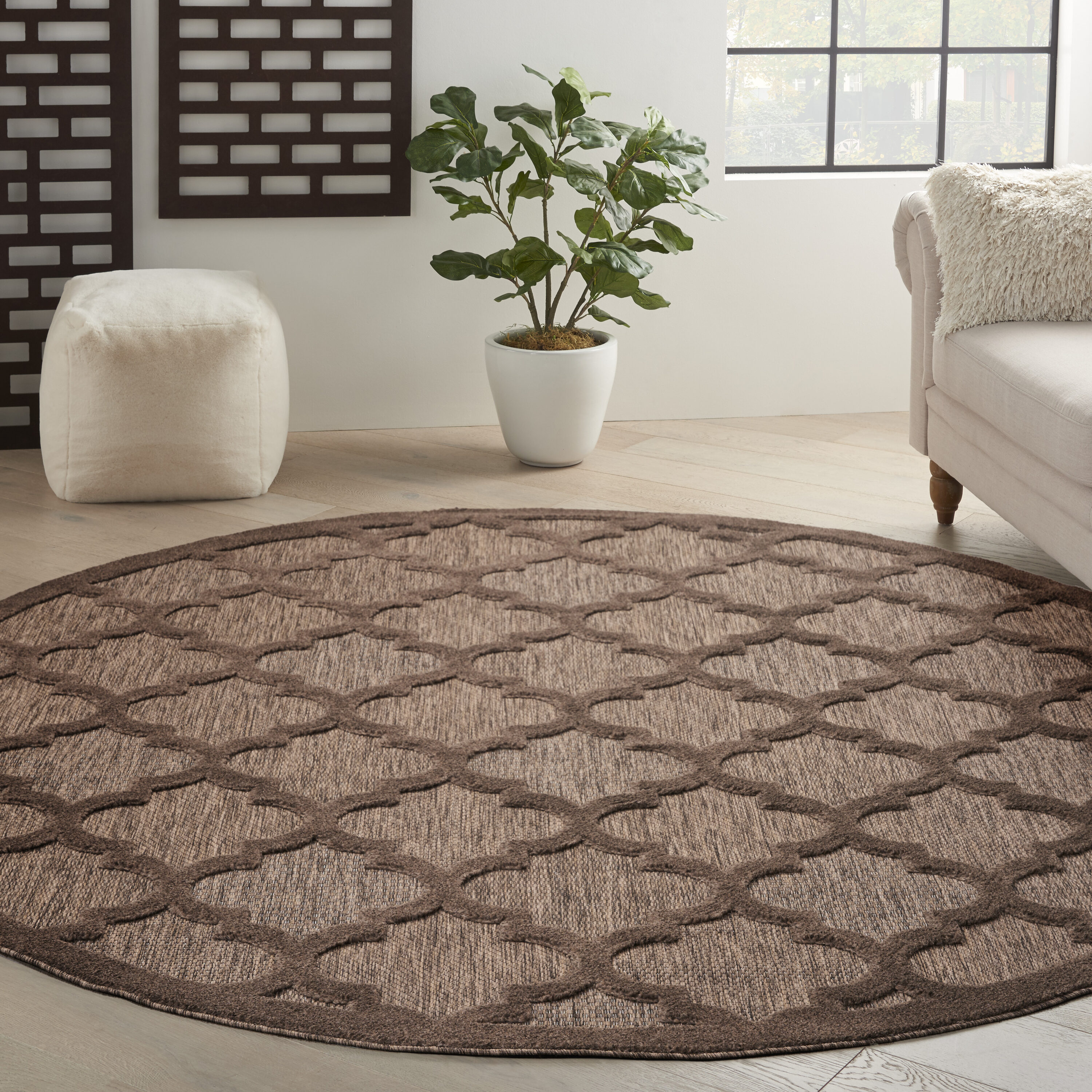 Nourison Home 841491115503 Easy Care 8 x 8 (ft) Polyester/Polypropylene Brown Round Indoor/Outdoor Trellis Area rug