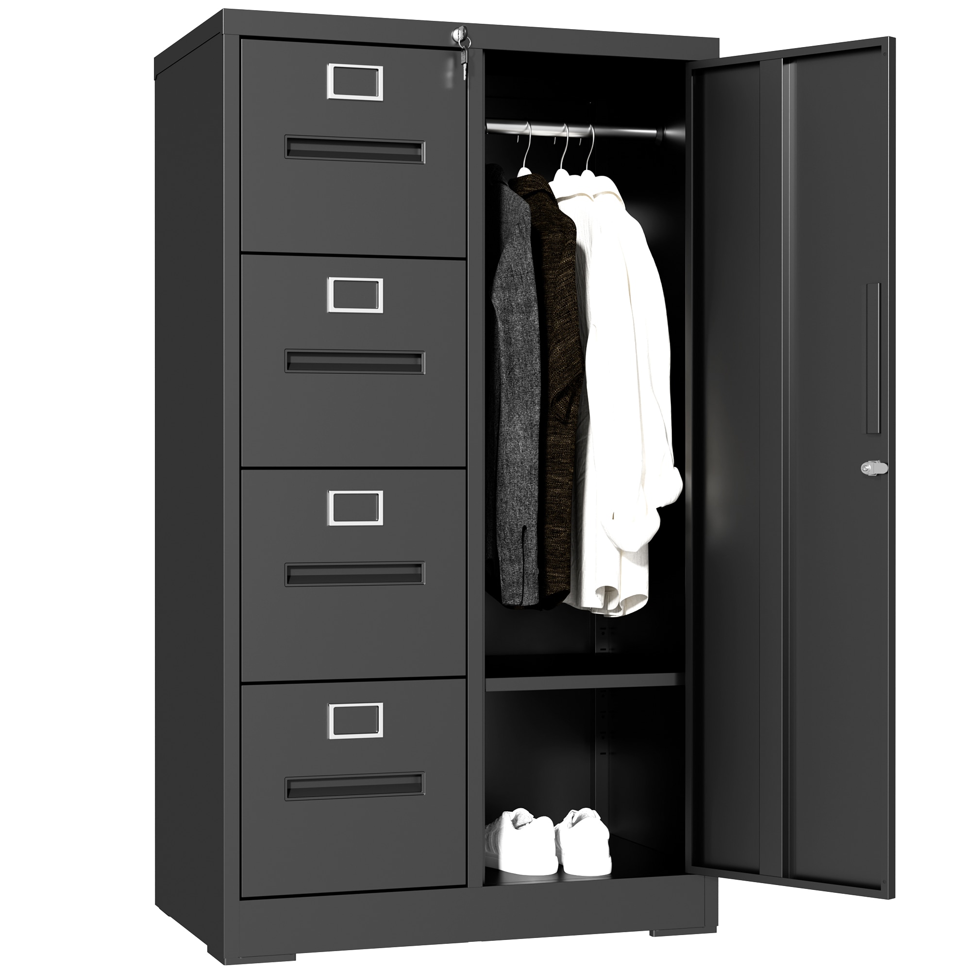 Boho Havens Metal Storage Vertical Filing Cabinet with Lock Steel File Locker with 4 Drawers and 1 door for School Living Room Bedroom Office Black