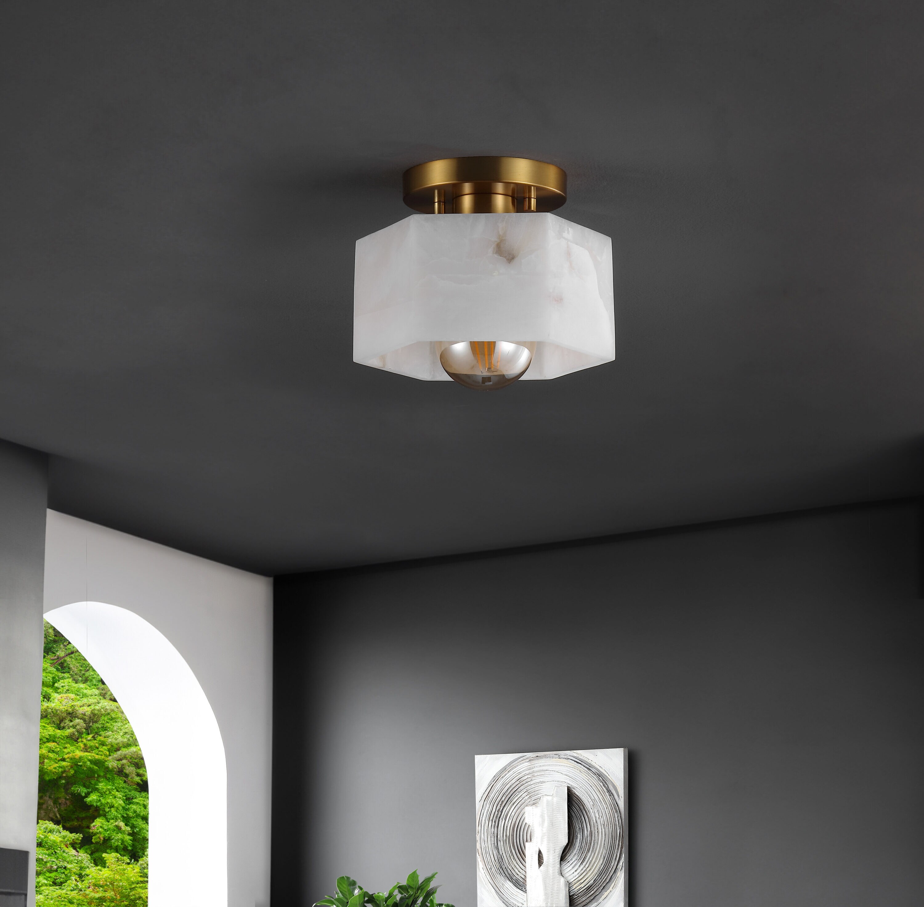Tessa 8" White Marbling Brass LED Semi Flush Mount Light