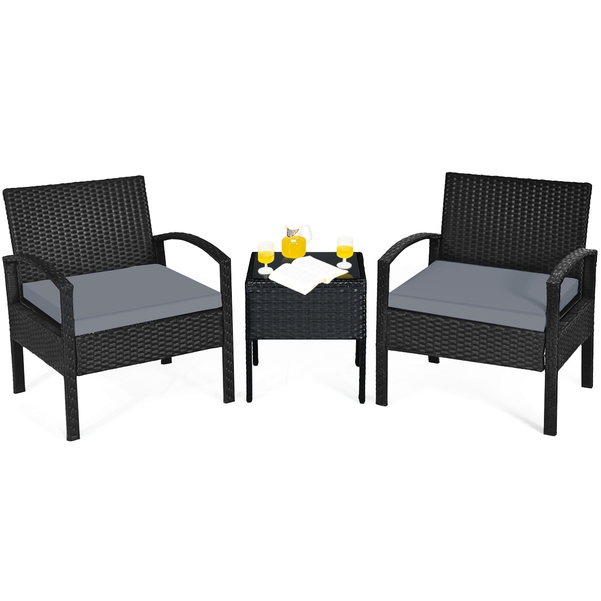 CASAINC WF-HW53509 3 -Piece Rattan Patio Conversation Set with Gray Cushions