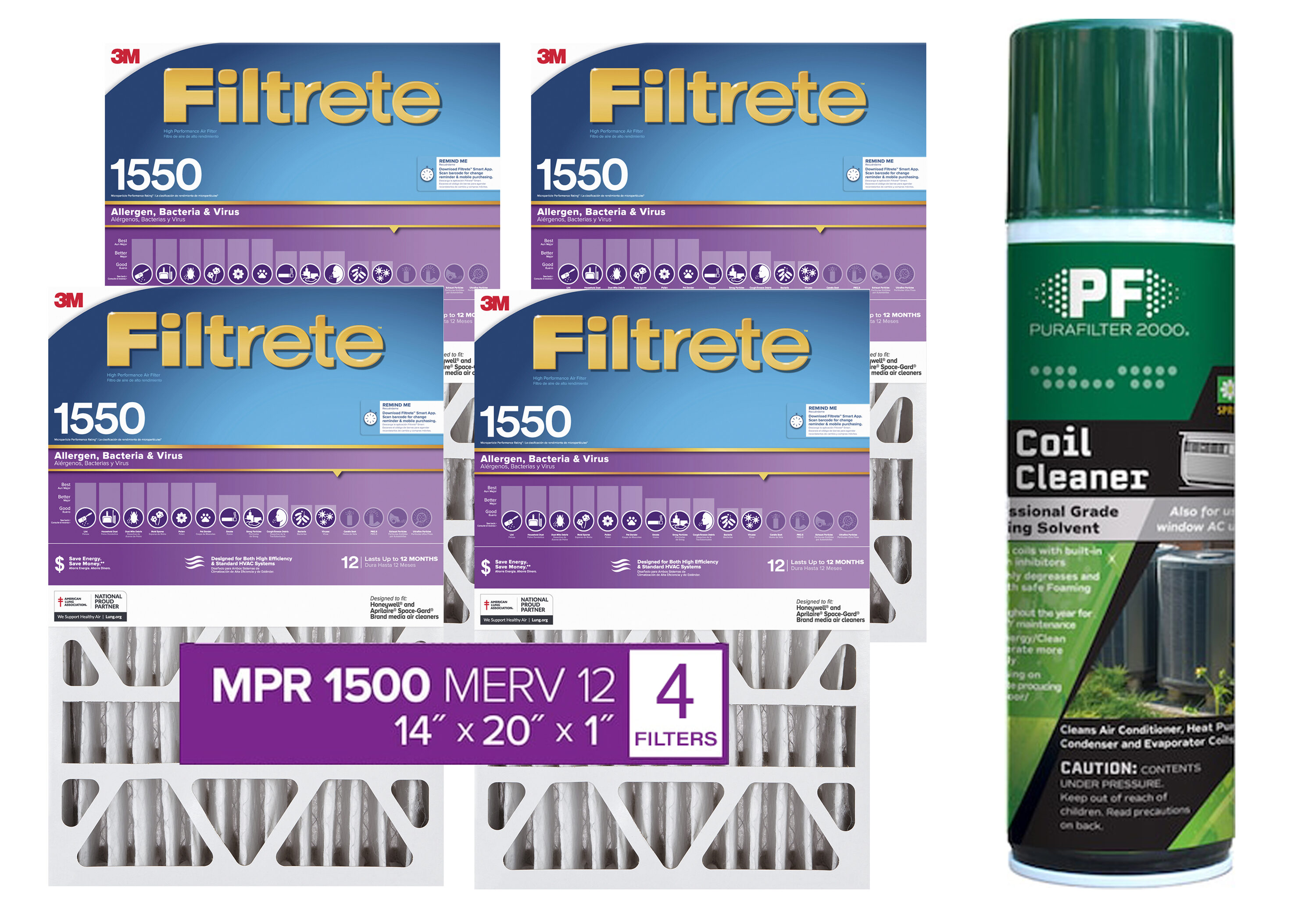 Filtrete 4-Pack 1550 MPR 20-in x 25-in x 4-in air filters with PF Coil Cleaner