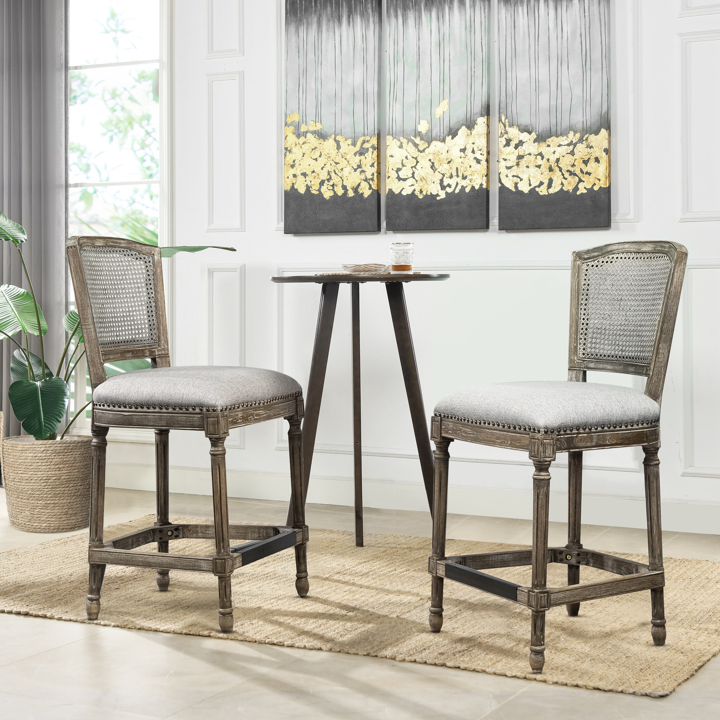 Triomphe Dark Heathered Grey Linen and Oak Wood Counter Stool