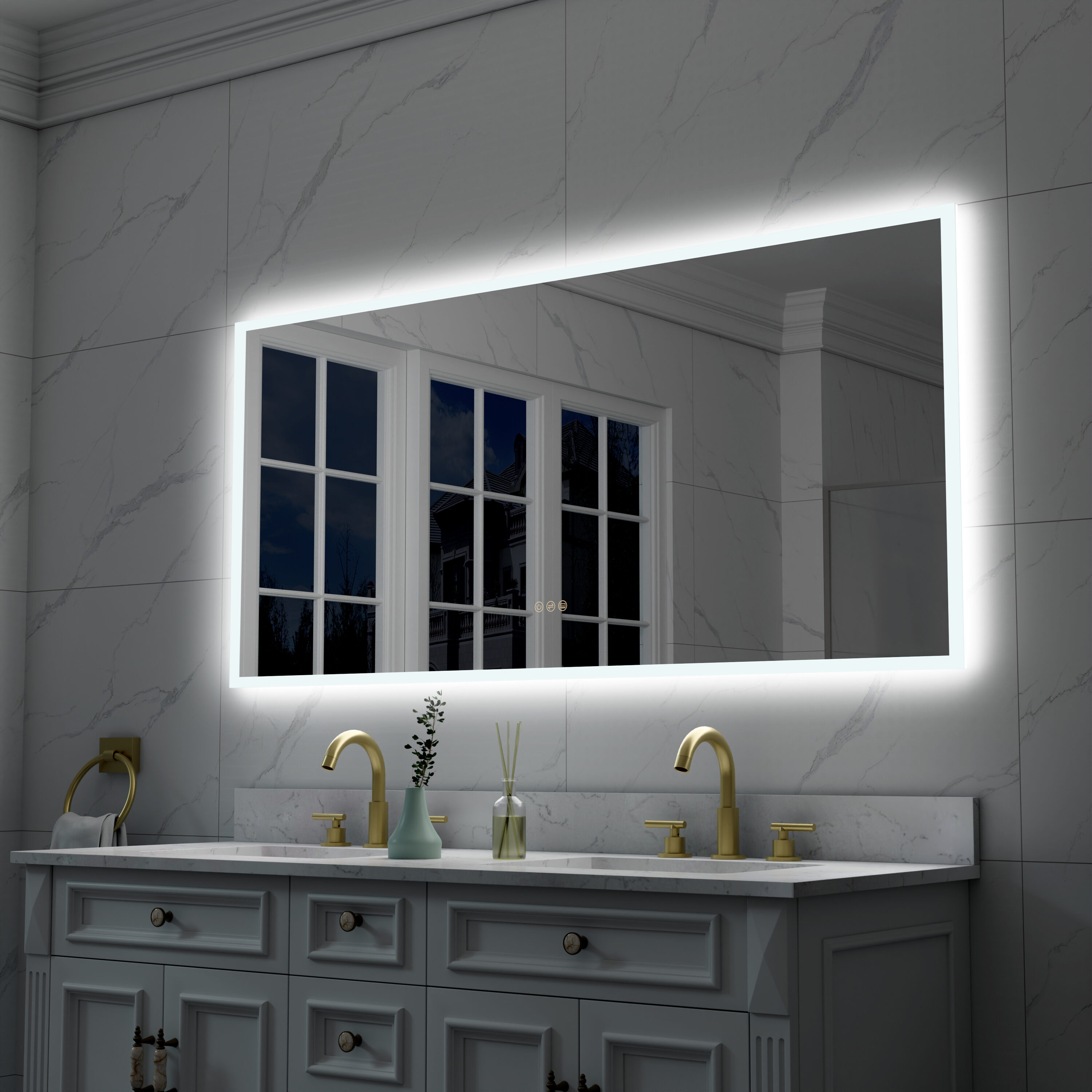 Forclover MRC-W10A6028 60-in x 28-in Polished Frameless Rectangle Dimmable LED Lighted Fog Free Bathroom Vanity Mirror ( White )