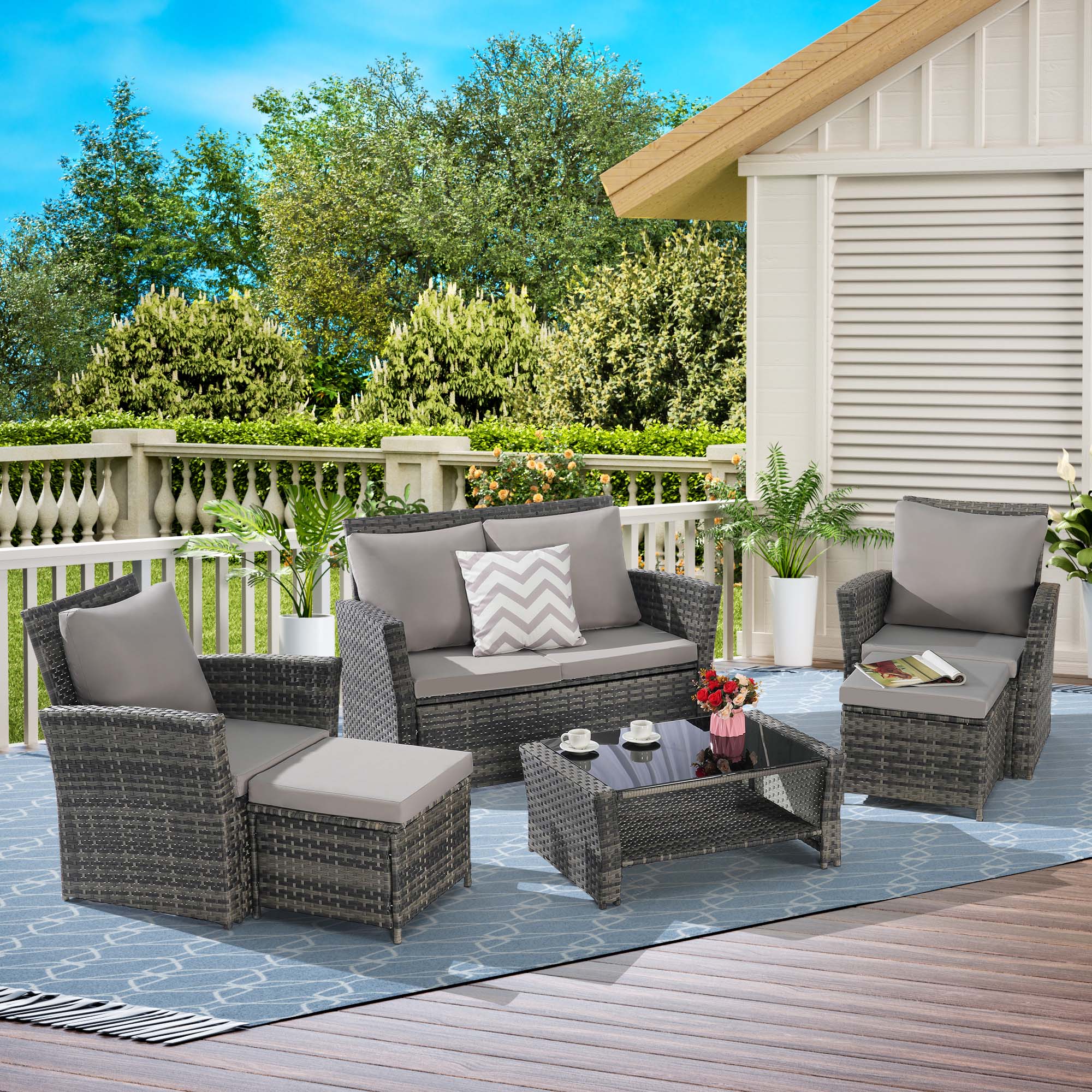 Fun Orange FUNS2HW07 6 -Piece Wicker Patio Conversation Set with Gray Cushions