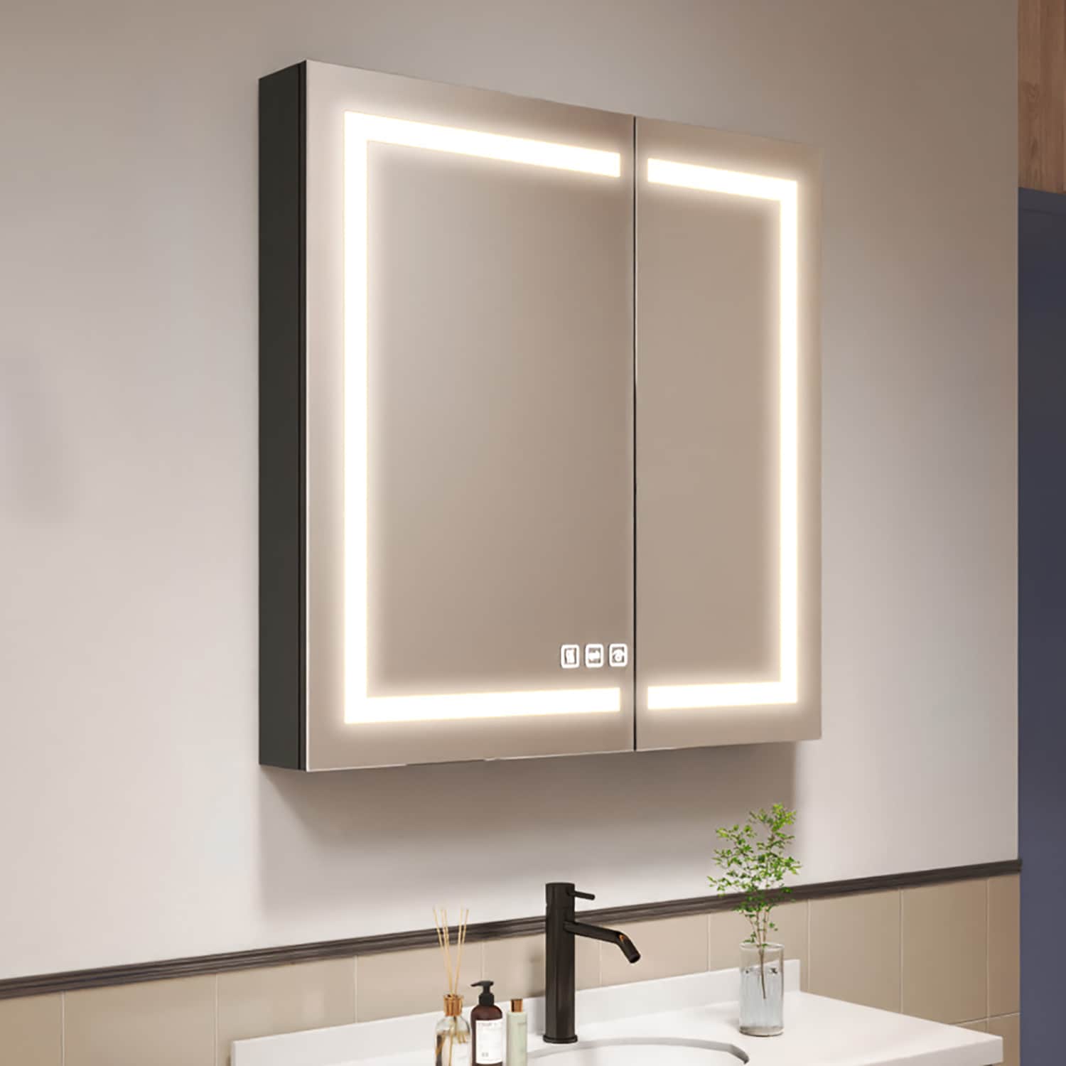 waterpar WPLO-2430V3L 36-in x 36-in Lighted LED Fog Free Surface/Recessed Mount Black Mirrored Square Soft Close Medicine Cabinet with Outlet