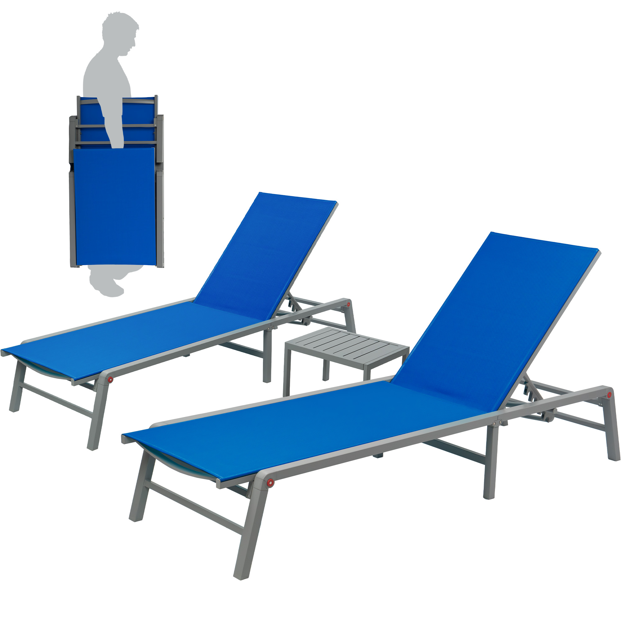 Kozyard KZL528BL2T Kathy Set of 2 Stackable Gray/Powder Coated Metal Frame Stationary Chaise Lounge Chair with Blue Mesh Seat