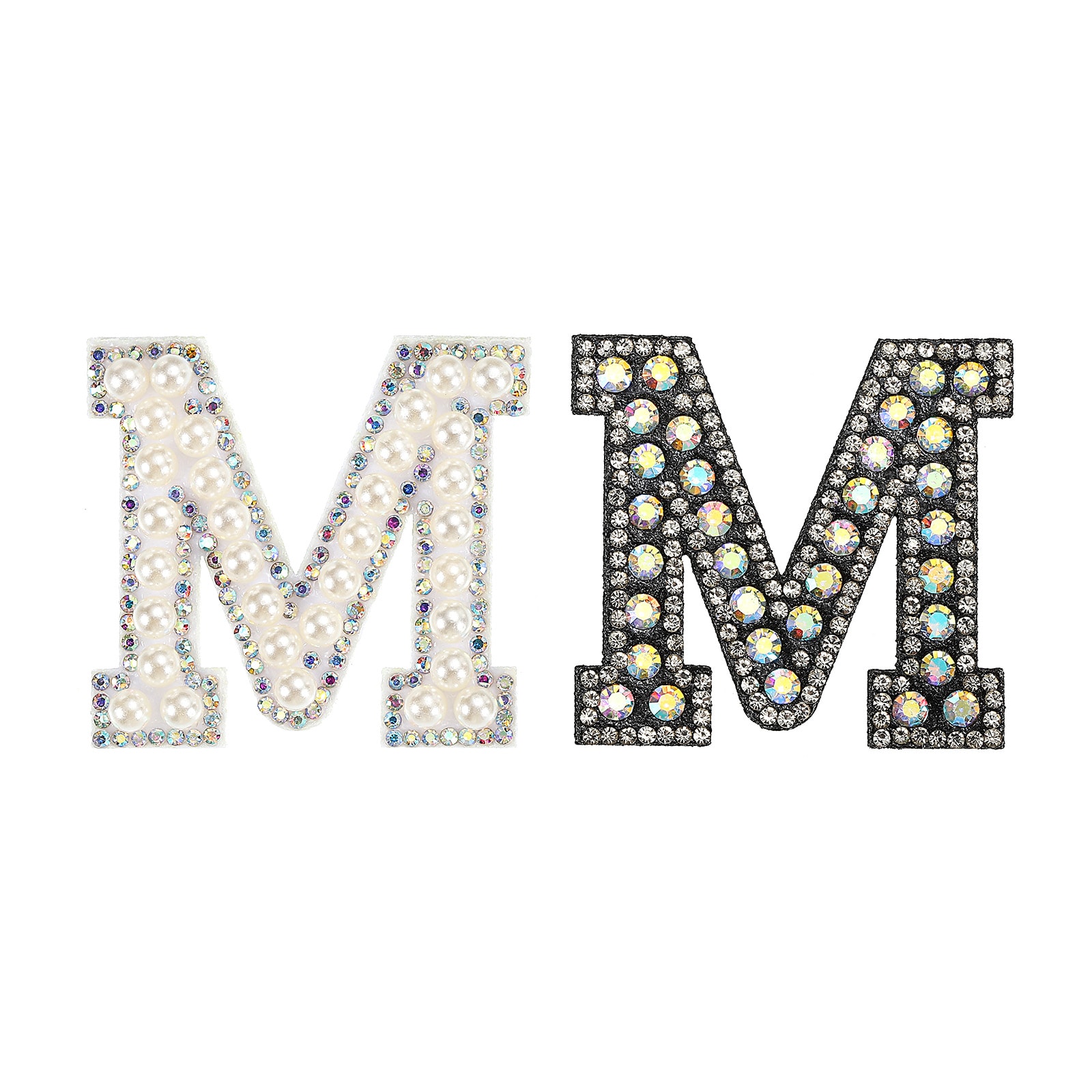 Unique Bargains Iron on Decorative Letter M Black White Patch Glitter Alphabet Applique Rhinestone Pearl English Letter for DIY Clothes Repair Hats Bags 2pcs