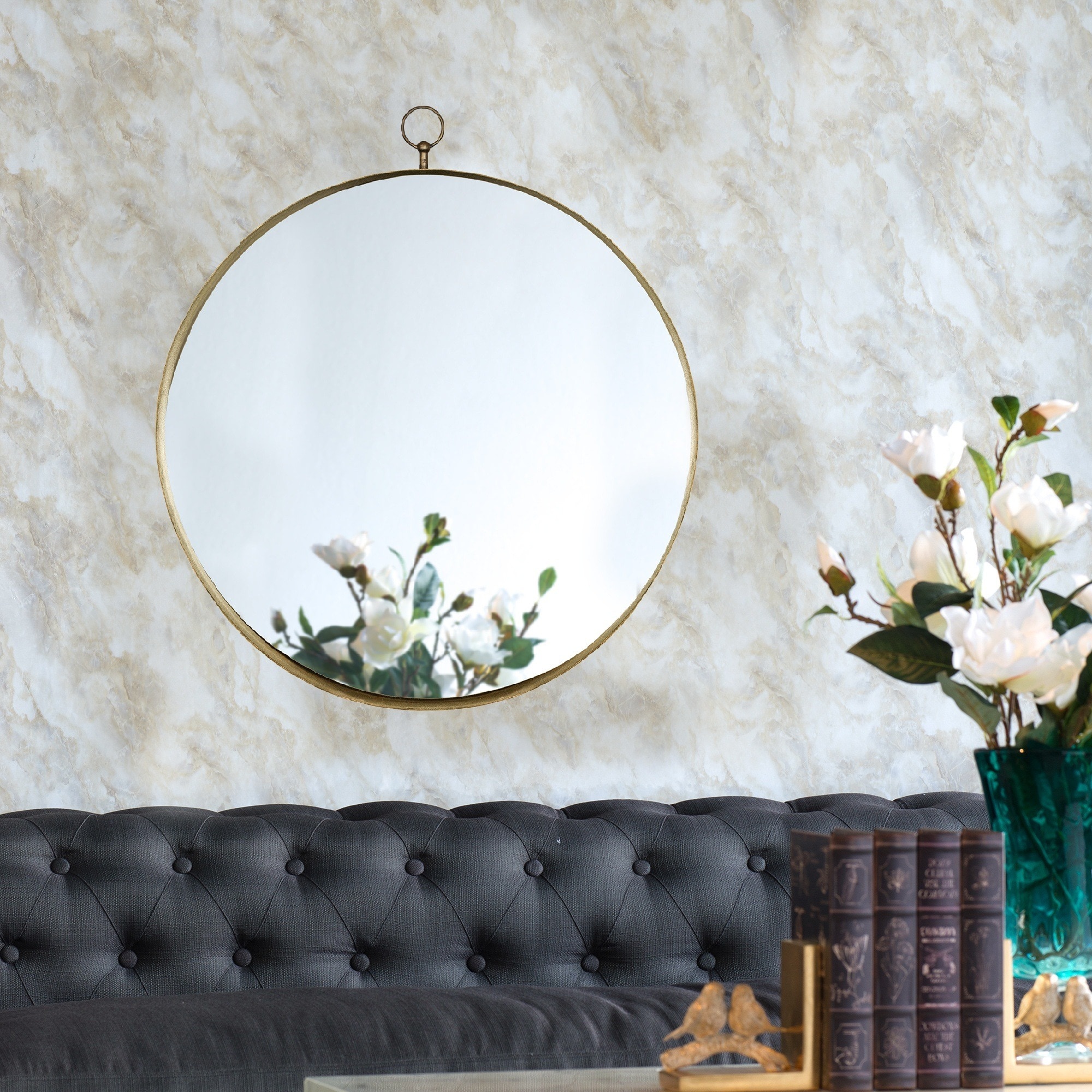 IAK 24 inch x 28 inch Gold Round Mirror with Iron Frame for Living Room Bedroom Vanity Entryway Hallway