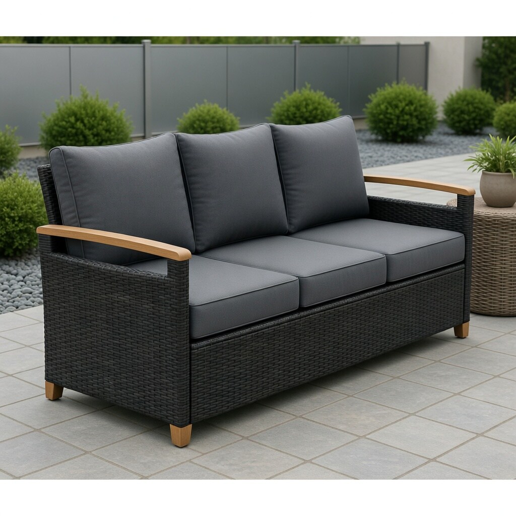 Moon Writing Frame Choco Moon 3 Seater PE Wicker Outdoor Sofa with Thick Cushions Wood ...
