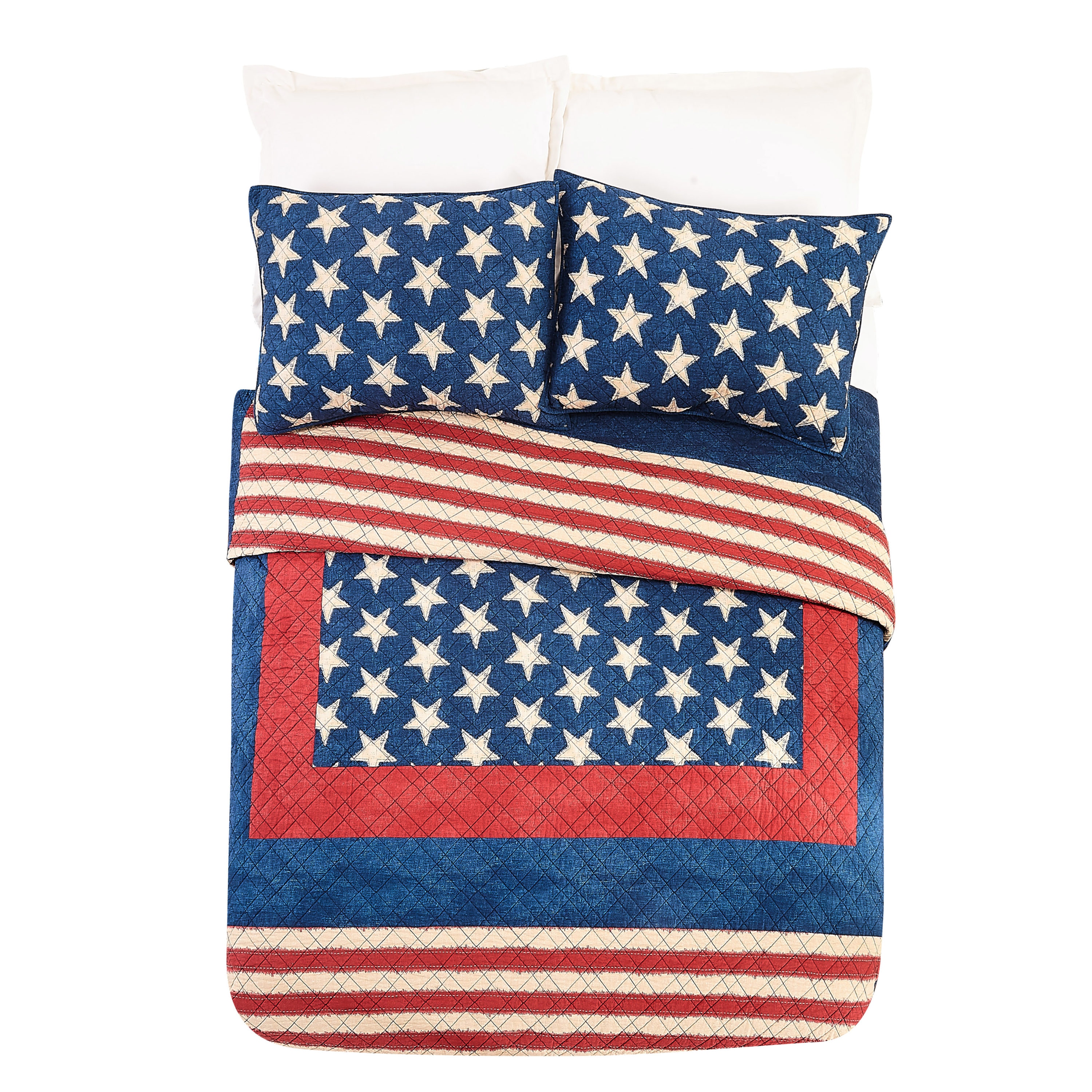 Classic Americana Patchwork King Cotton Quilt Set with Reversible Blue Denim