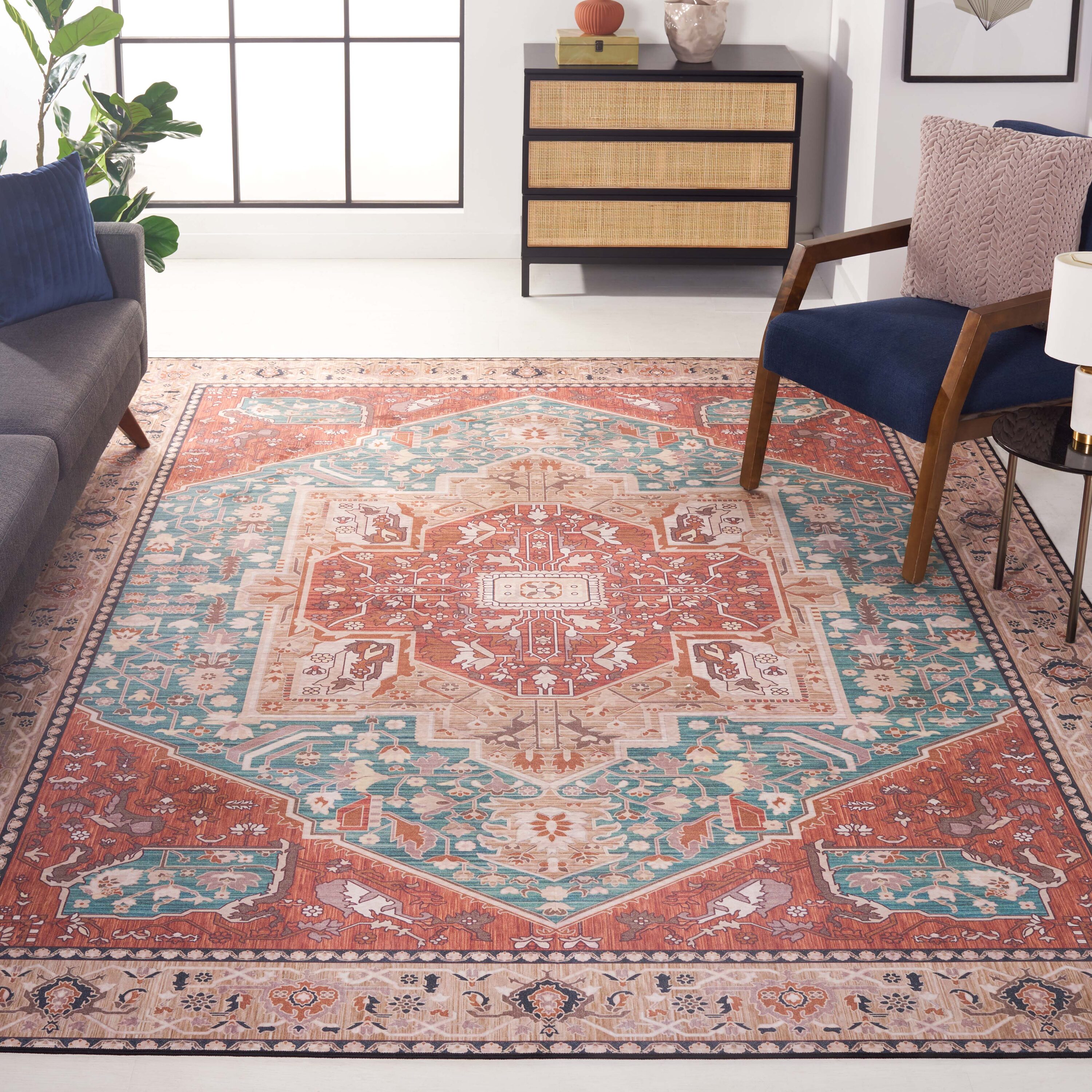 Tucson Vintage Persian 150J Aqua Rust Machine Washable/Slip Resistant 6ft x 9ft Traditional Rug