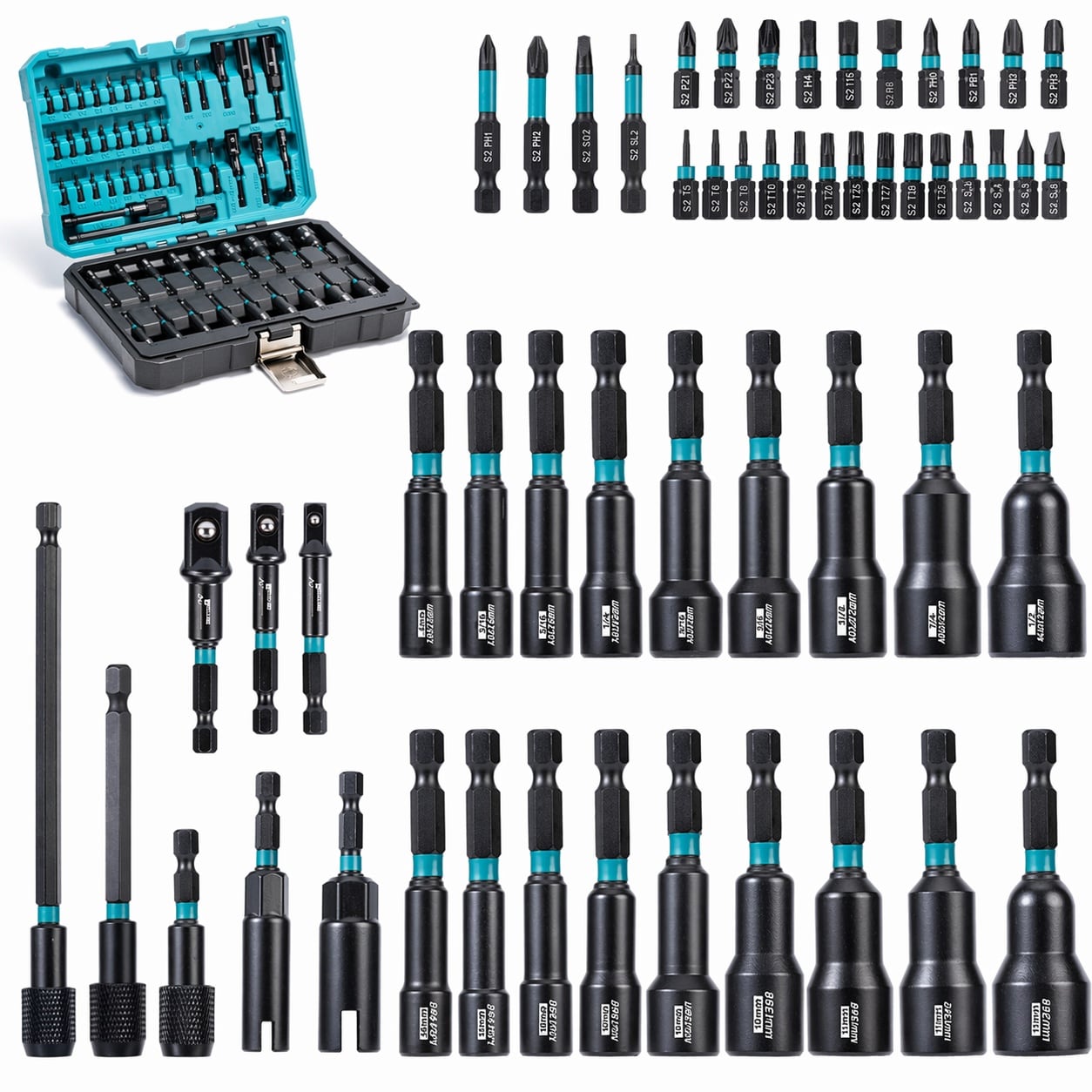 Aoibox  54 Piece 1 4 in 3 8 in and 1 2 in Drive Metric SAE Magnetic Nut Driver Set 5mm to 1 4 in CR V Steel