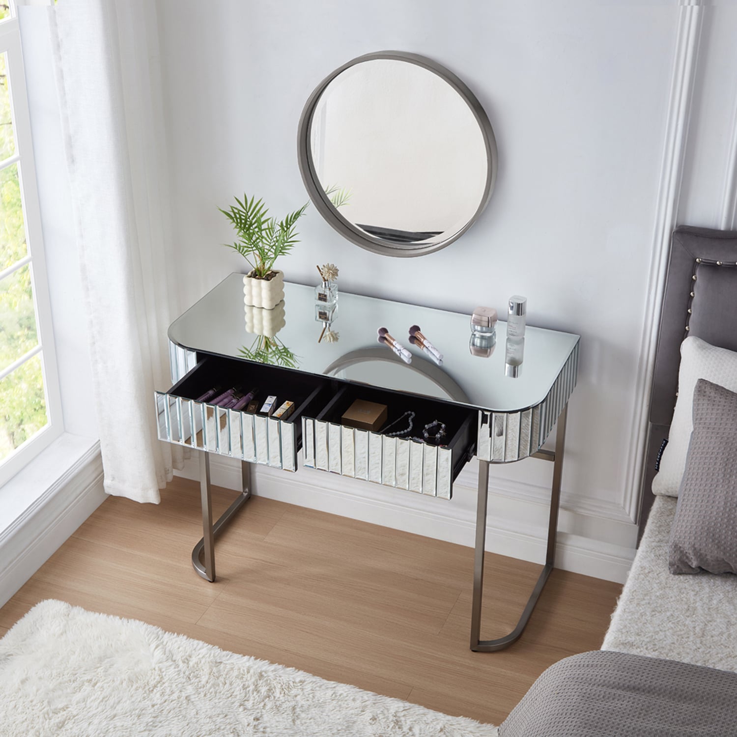 ModernLuxe N704P171796N 39inch Mirrored Makeup Vanity Table with Stainless Steel Base Mirrored Console Dressing Table with 2 DrawersVersatile Desk for Bedroom and Office Silver