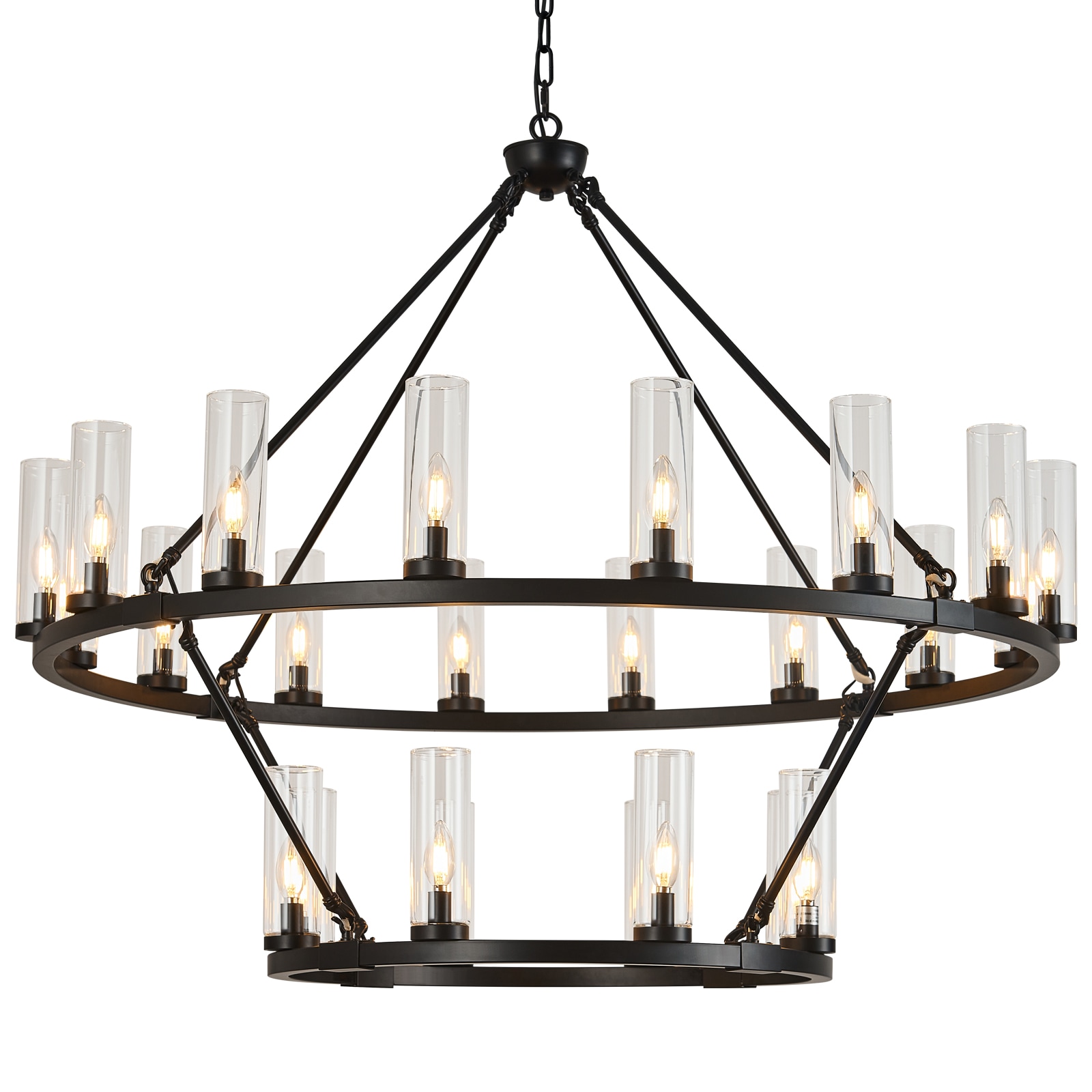 ZHLLMQ 24-Light Black Farmhouse Industrial Clear Glass Metal 2 Tier Wagon Wheel Chandelier