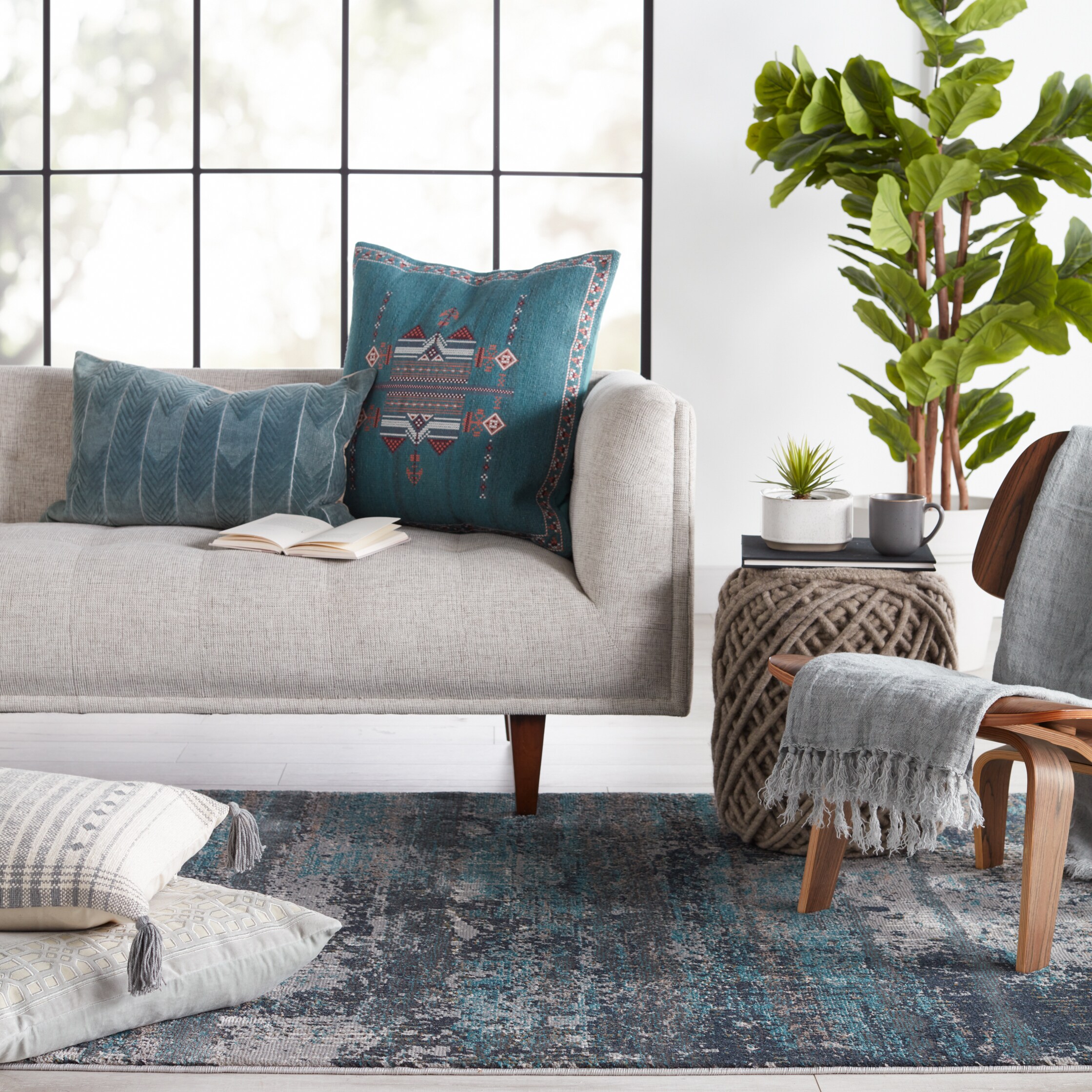 Myriad Aubra Abstract Fringe 3x12 Gray and Teal Area Rug