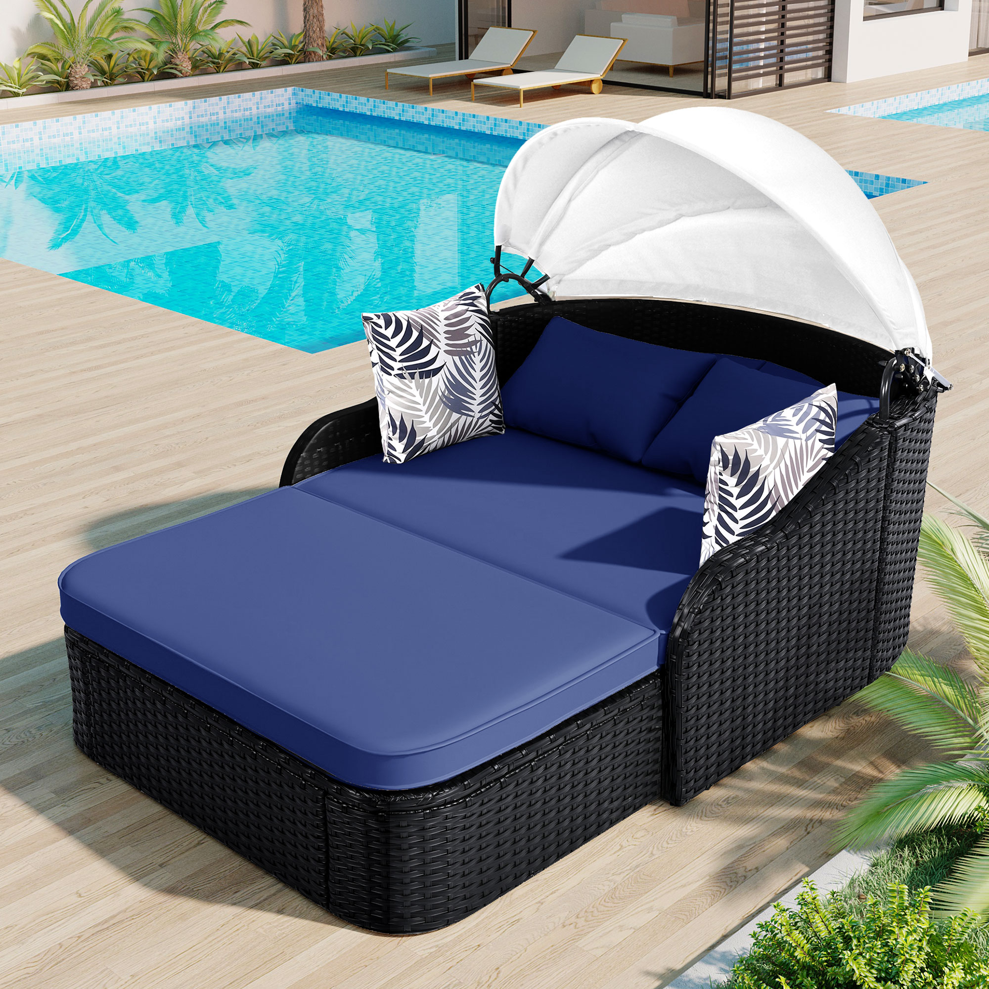 Xspracer ML-PB23N Outdoor Sunbed Wicker Outdoor Daybed with Blue Cushions and Wicker Frame