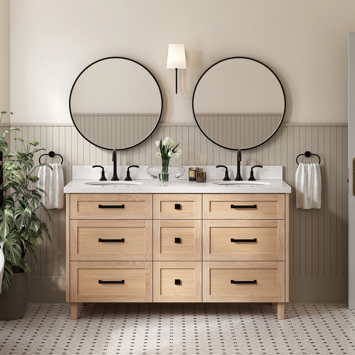 ARIEL B61DWQOVOWOA Monroe 61-in Oak Undermount Double Sink Bathroom Vanity with Pure White Quartz Quartz Top
