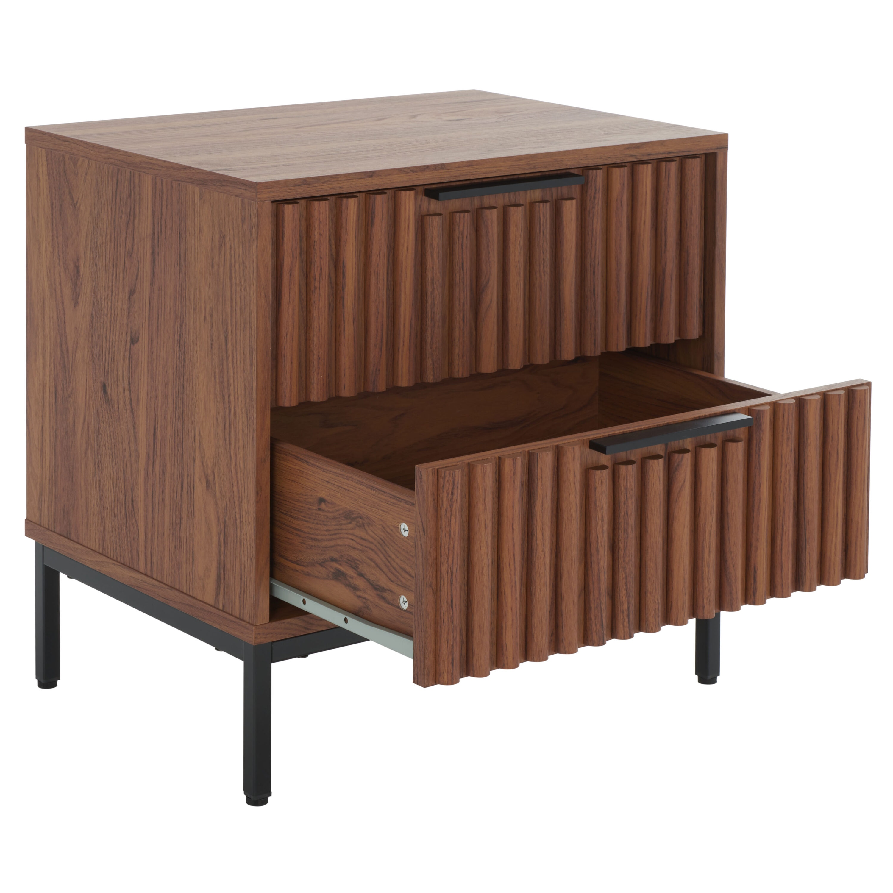 Walnut and Black Modern 2 Drawer Nightstand with Fluted Detail