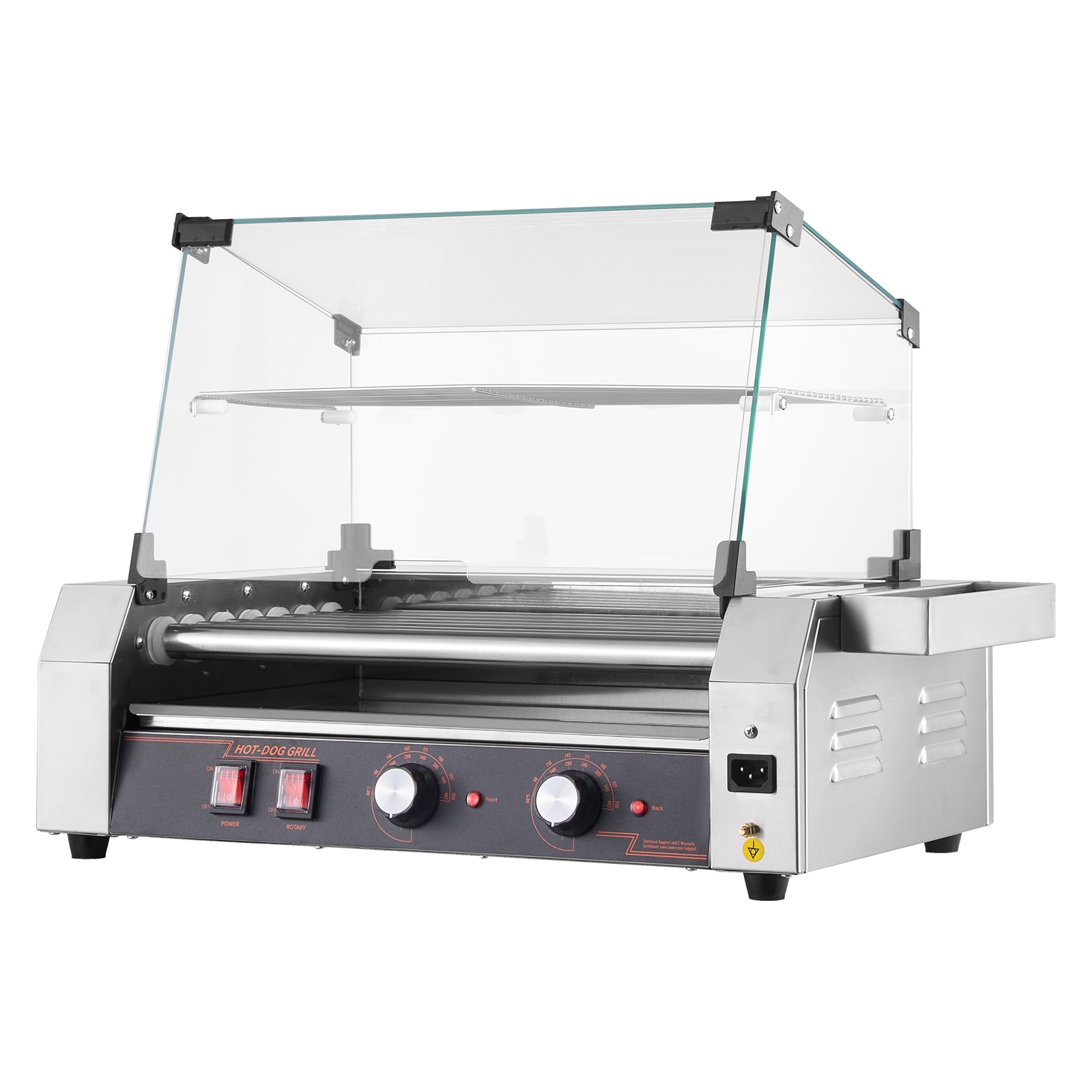 VEVOR SCSYGDSRGJ7G18975V1 Hot Dog Roller  18 Hot Dog 7 Rollers  Stainless Steel Sausage Grill Cooker  1050W Commercial Hot Dog Machine with Dual Temp Control  Cover  Side Storage Box  Removable Shelf and Oil Drip Tray