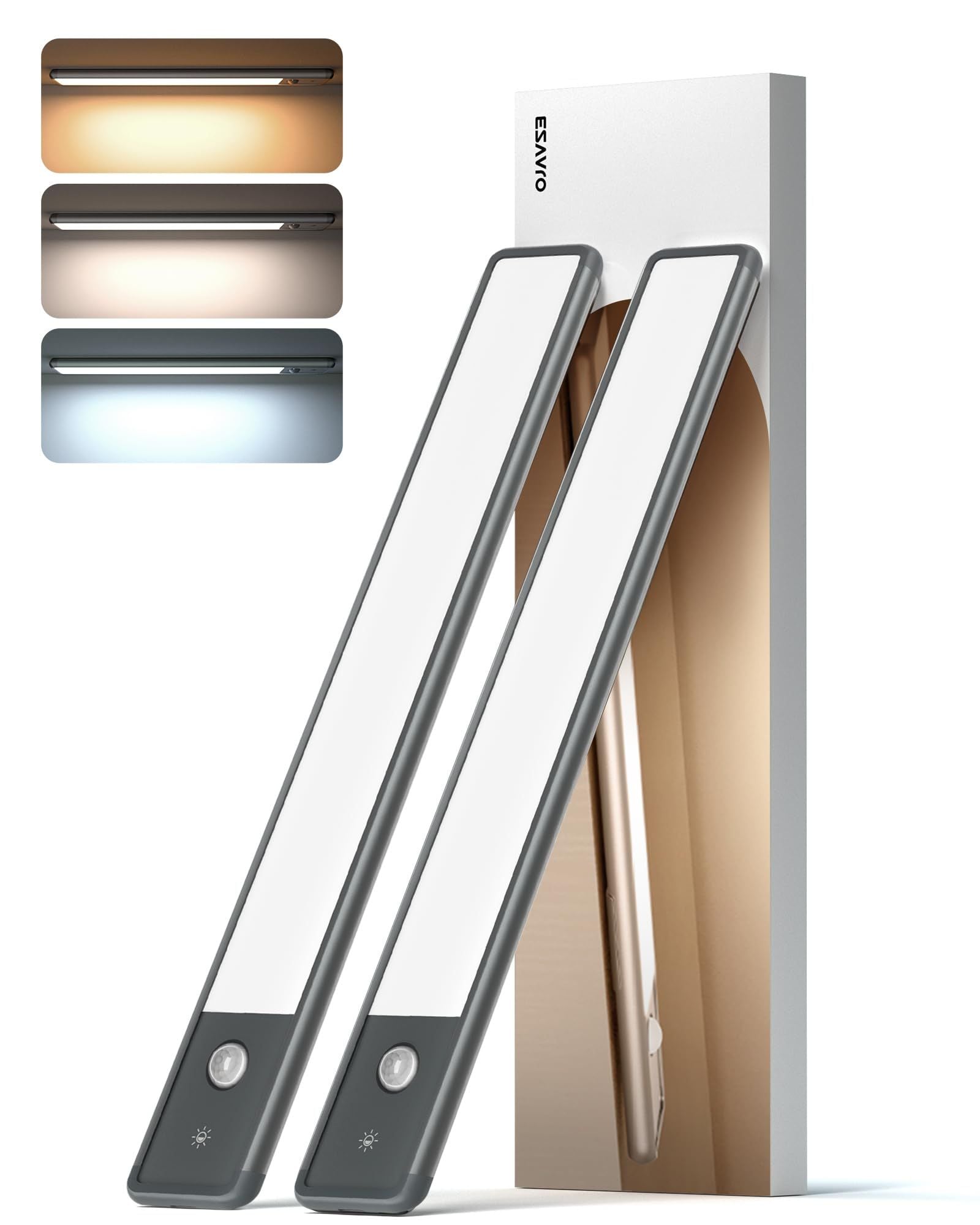 EZVALO LYB-30-GY-2 12in 2pk Motion Sensor Under Cabinet Lights Bar Magnetic Closet Lights Gray