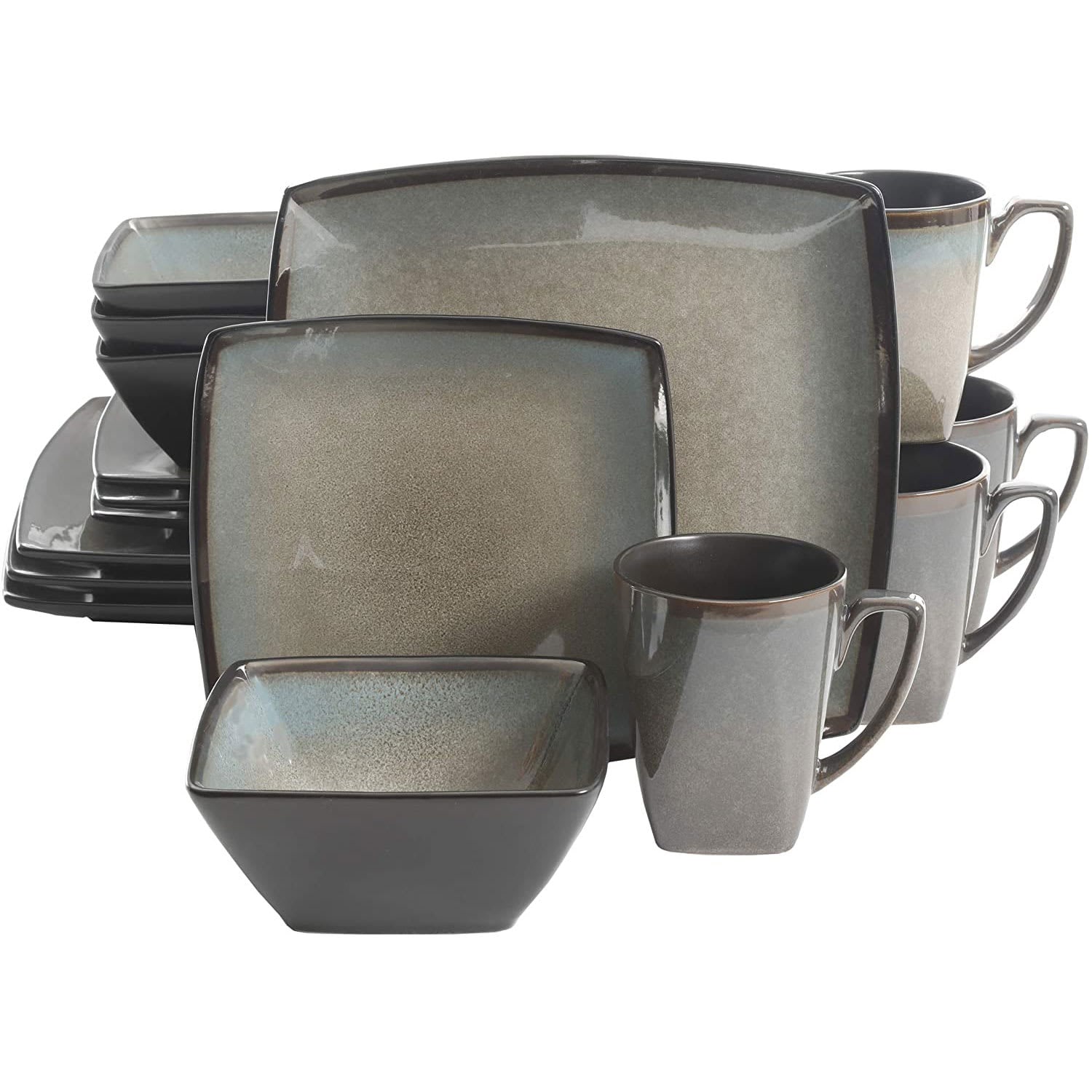 Gibson 187596 101859.16RM Elite Tequesta 16 Piece Square Glazed Durable Dinnerware Set with Plates Bowls and Mugs Microwave and Dishwasher Ready Taupe