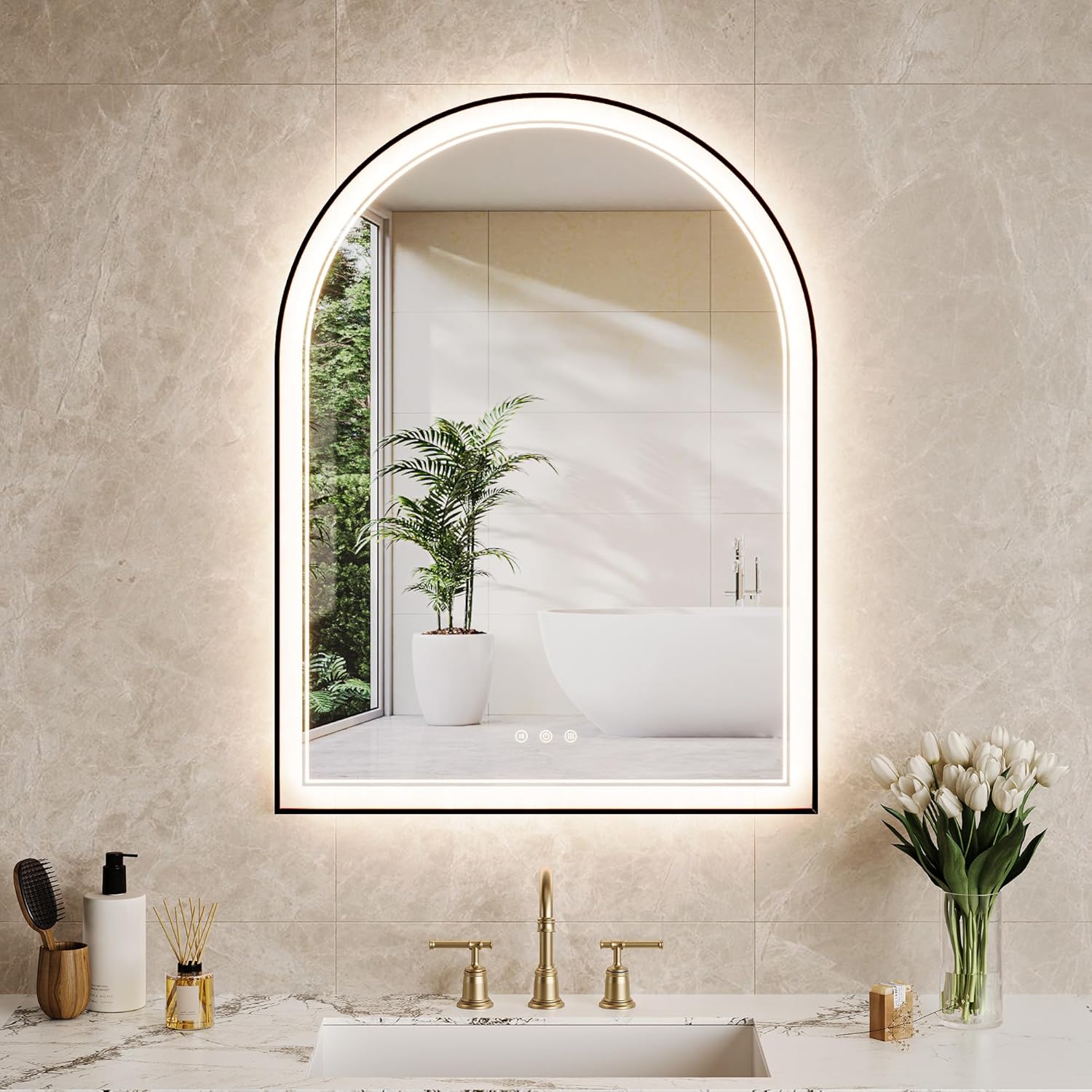 Qeetex CC-77PHK-335J6CHV Arched LED Bathroom Mirror with Light 24 inch × 36 inch Wall Mounted Metal Vanity Mirror 3 Colour Light Adjustable Anti Fog Anti Rust Tempered Glass for Bedroom Entryway Bathroom