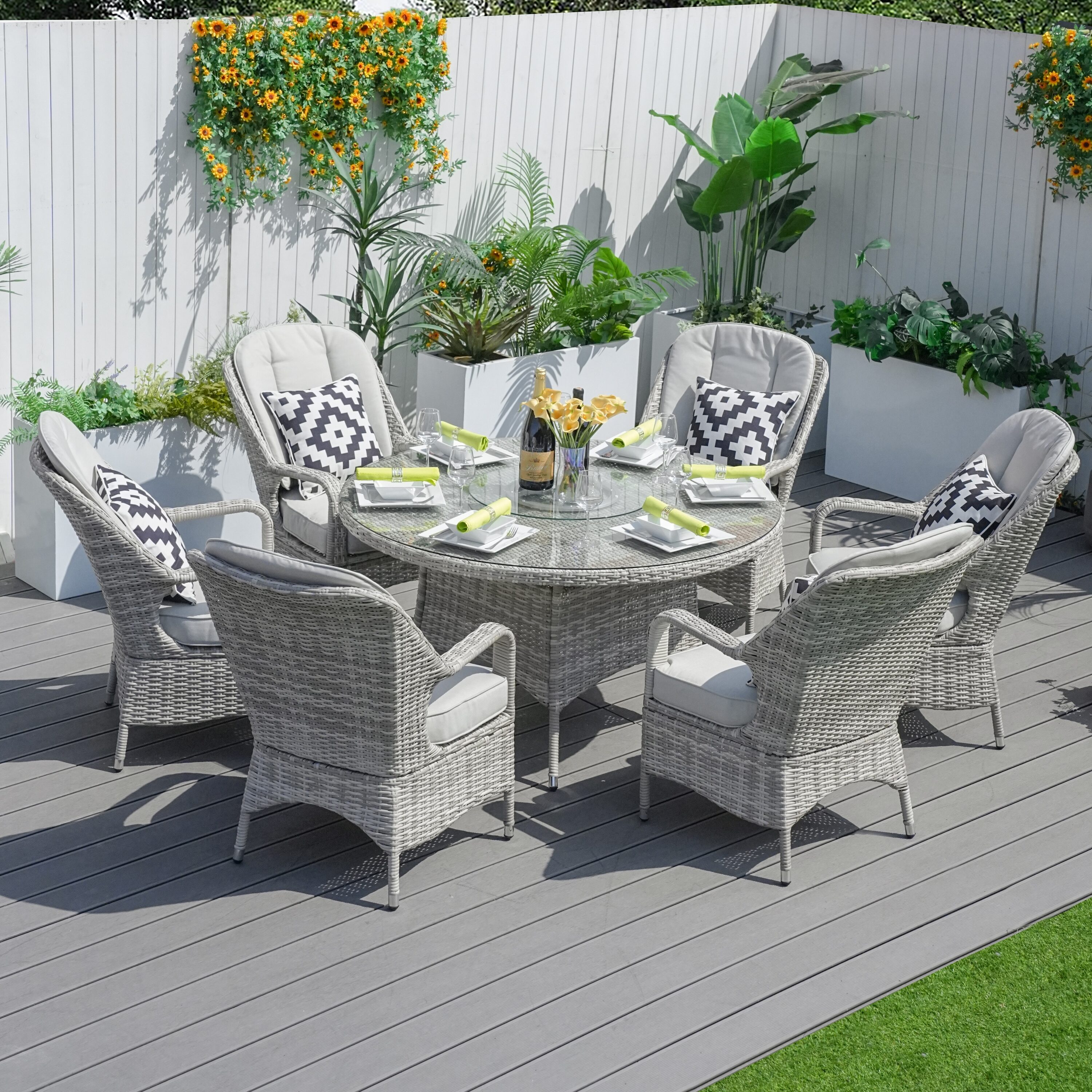 Moda Furnishings MPAD-1711-WW 7 -Piece White Wicker Patio Dining Set Wicker Round Table with 6 Beige Cushions Stationary Chairs