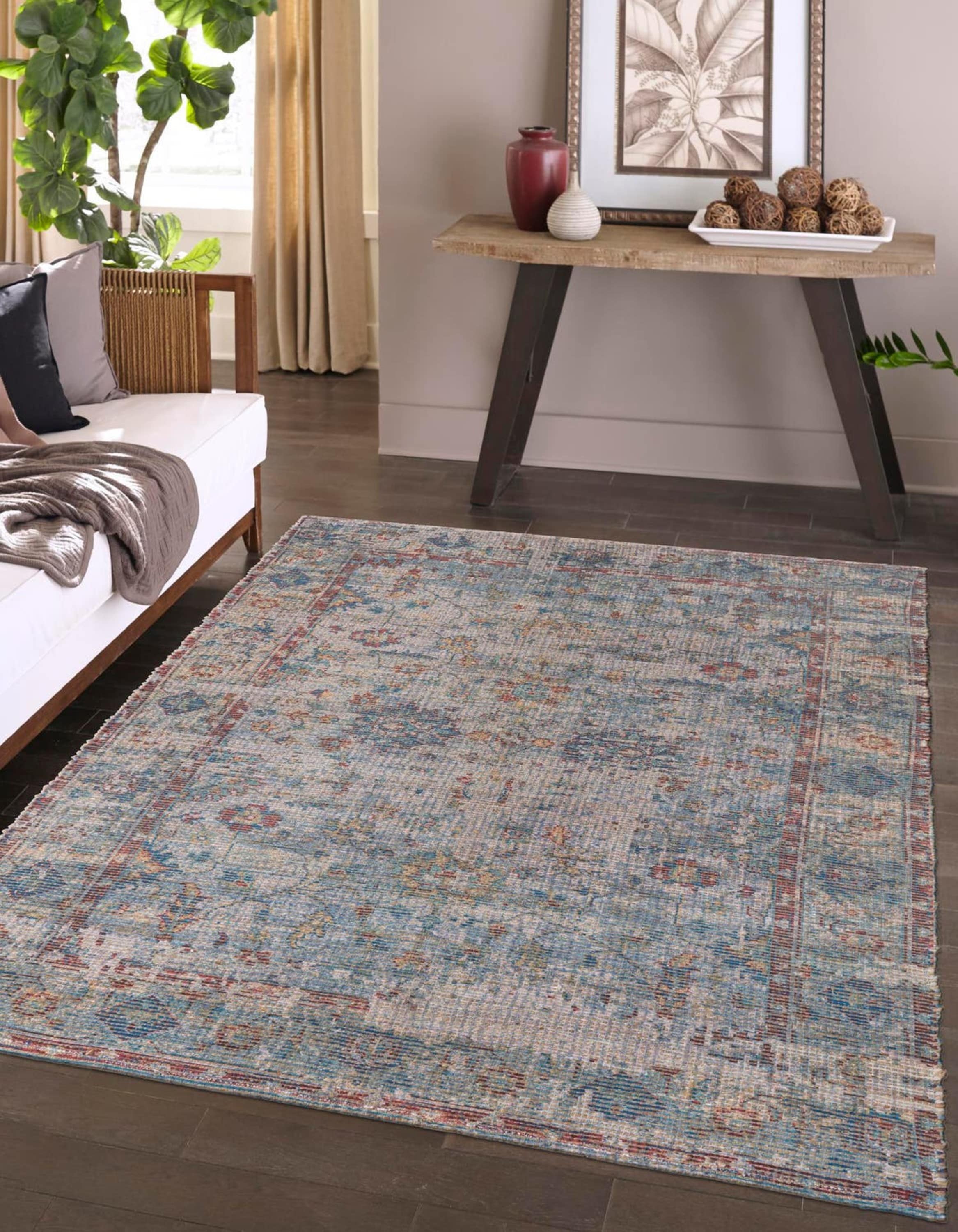 Unique Loom 3192142 Chenille Jute 4 x 6 (ft) Braided Jute Teal blue Rectangular Indoor Floral/Botanical Area rug