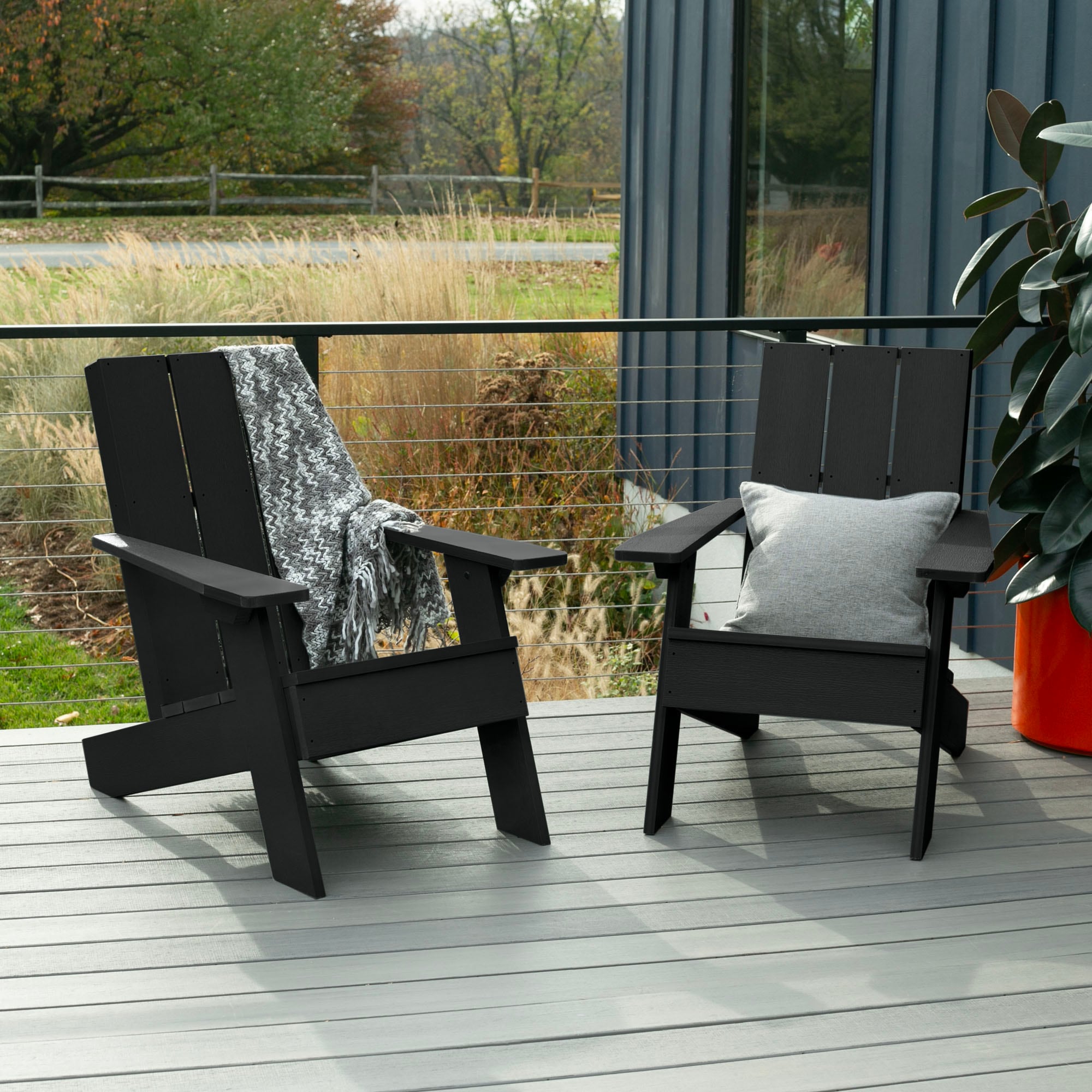 highwood AD-KITCHRAD04-BKE Italica Modern Set of 2 Black Poly-lumber Frame Stationary Adirondack Chair with Slat Seat