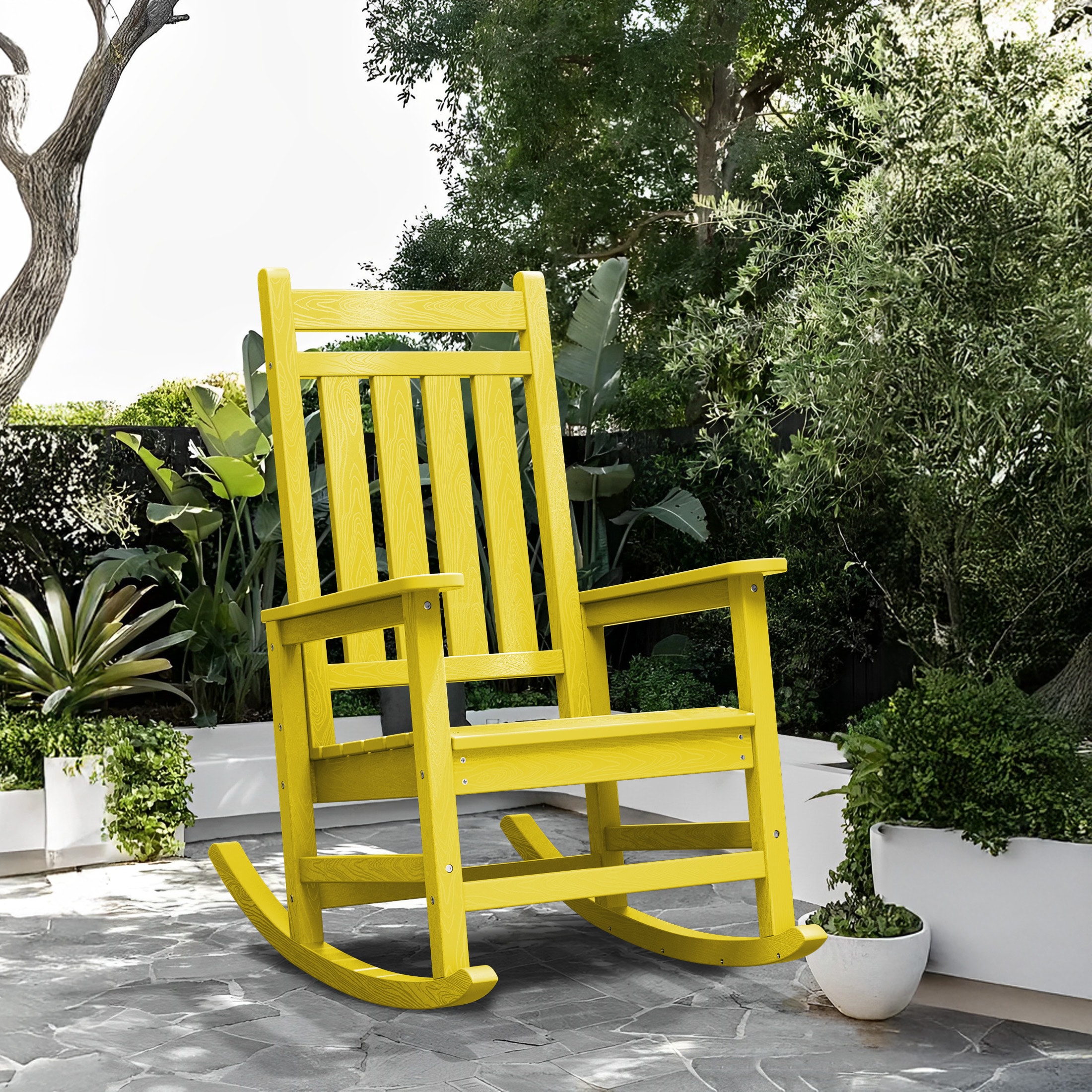 JEAREY TRYWGBYY-GRAY HDPE High-back Patio Rocking Chair Yellow HDPE Frame Adirondack Chair with Slat Seat
