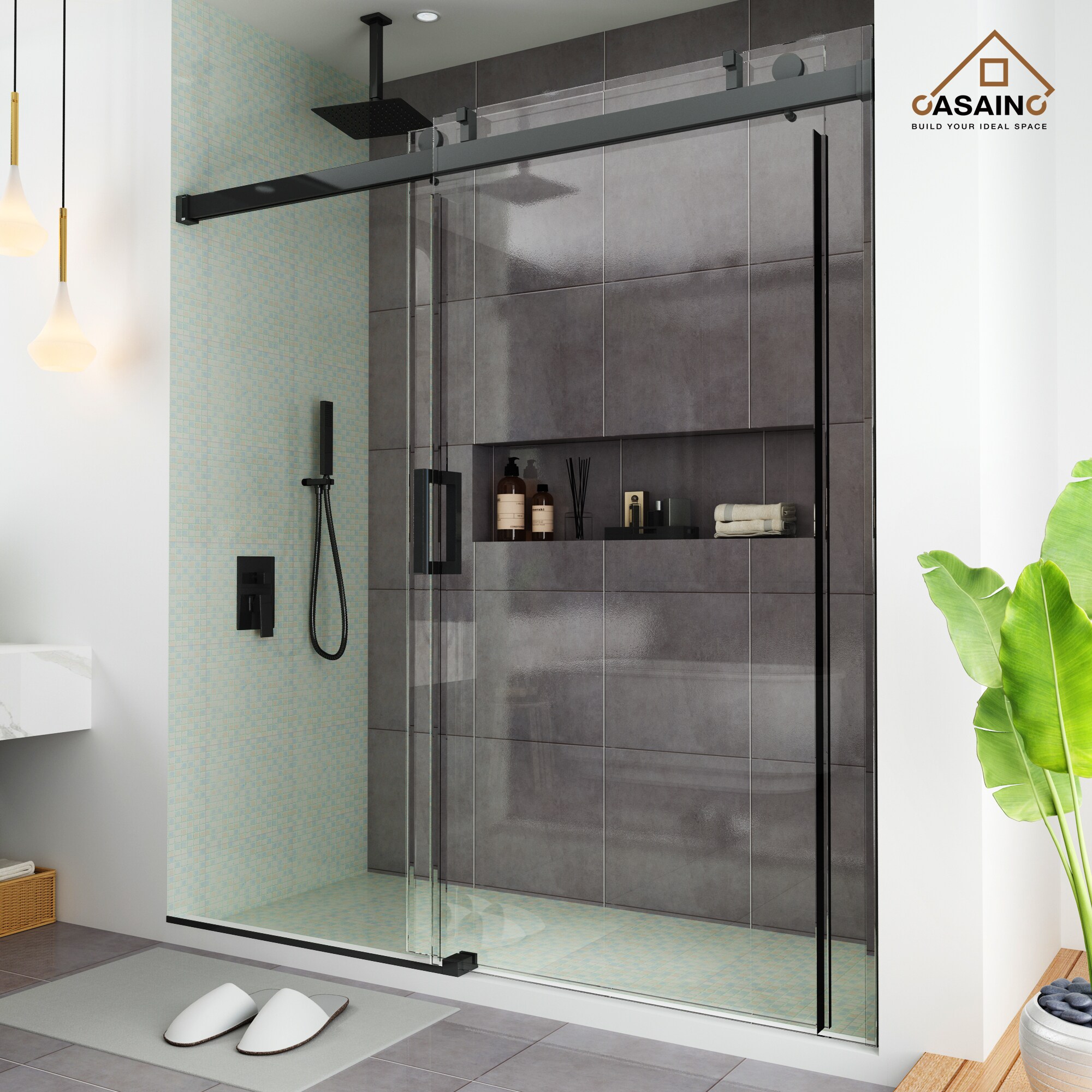 CASAINC Sliding Frameless Shower Door 72in W x 76in H Frameless Sliding Matte Black Standard