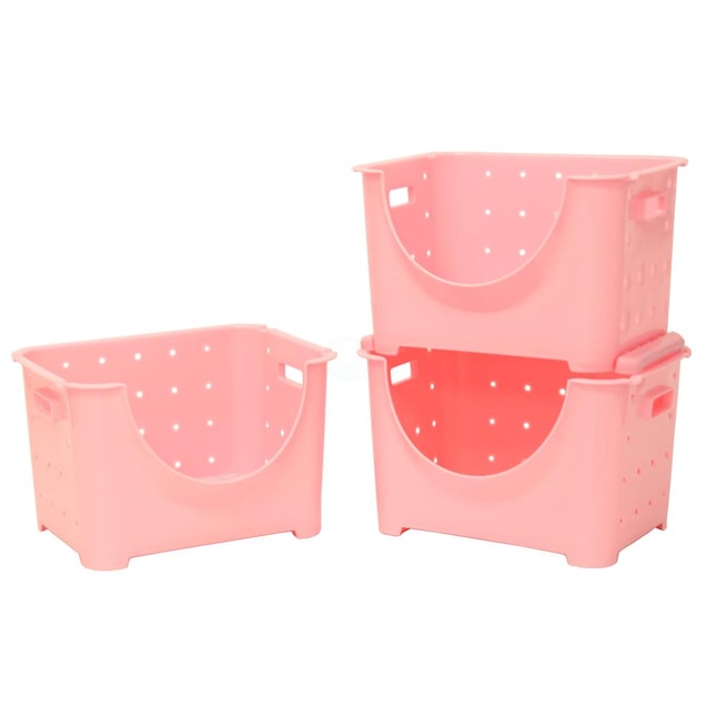 Basicwise Stackable Plastic Storage Container Set of 3 Pink, Ideal Gear  Storage Solution, HDPE Plastic