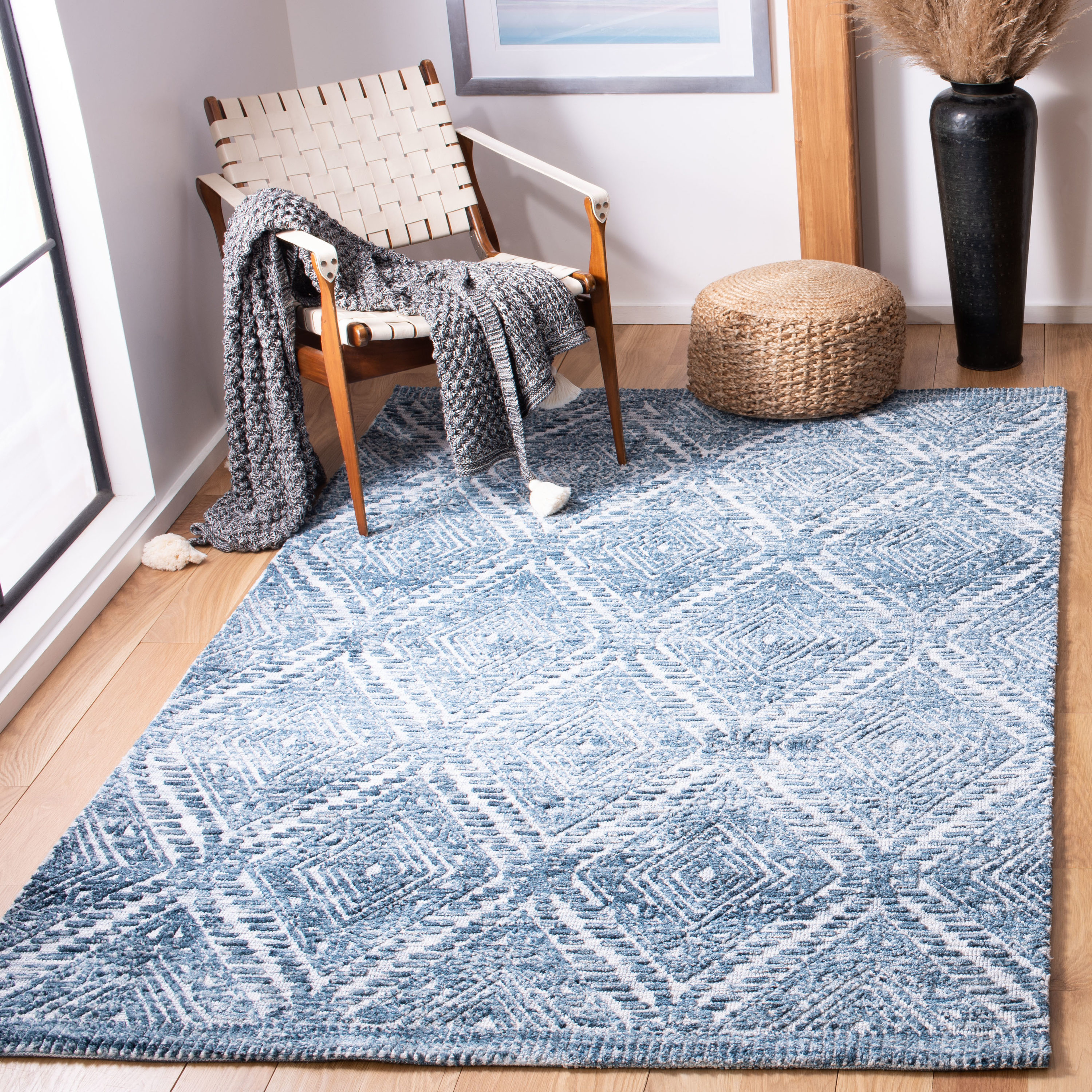 Blue Hand-Tufted Wool Rectangular Area Rug 6' x 9'