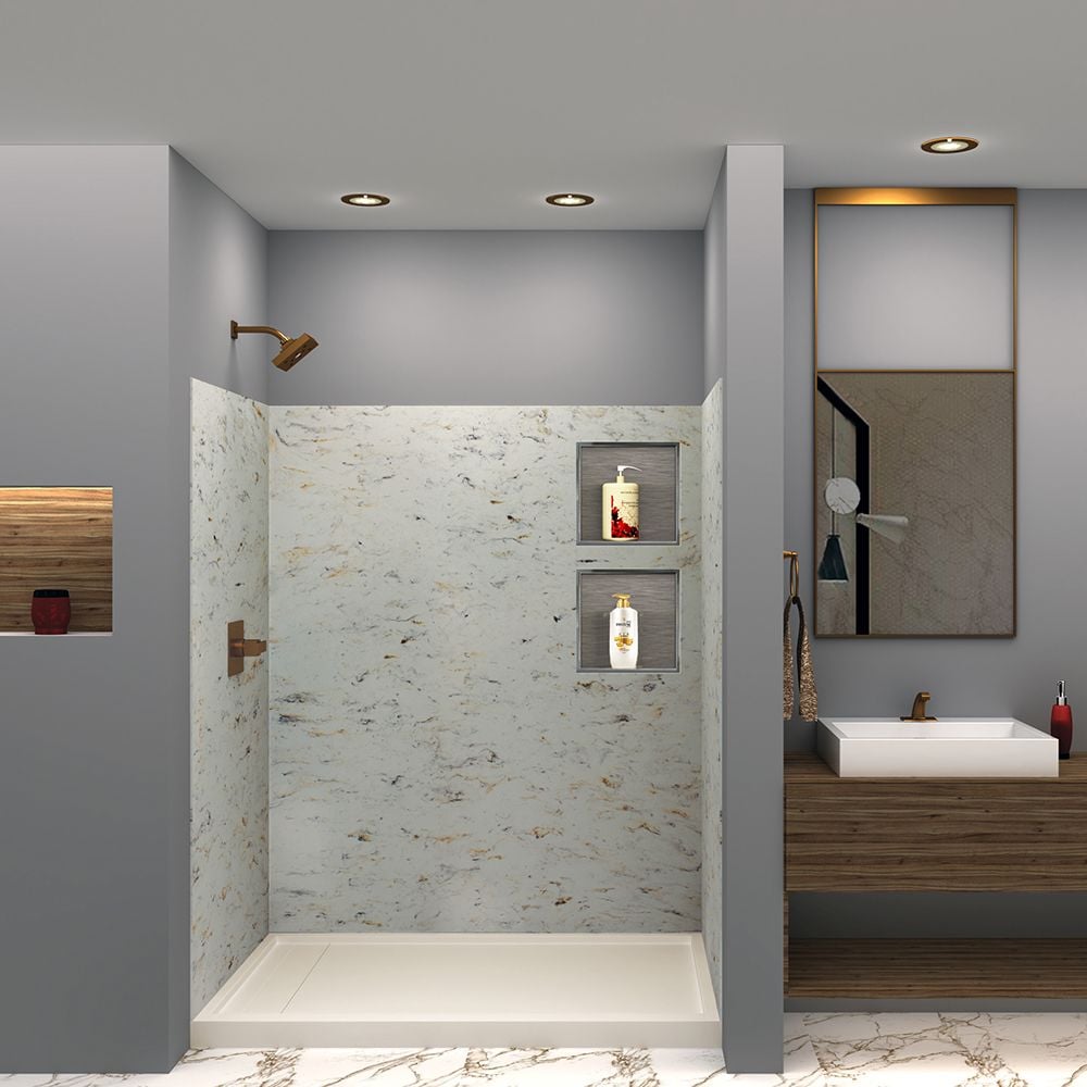 Transolid SWK603672-48V Saramar Velvet 36-in W x 36-in D x 72-in H Biscotti Marble Velvet 3.0 -Piece Glue Up Alcove Shower panel kit