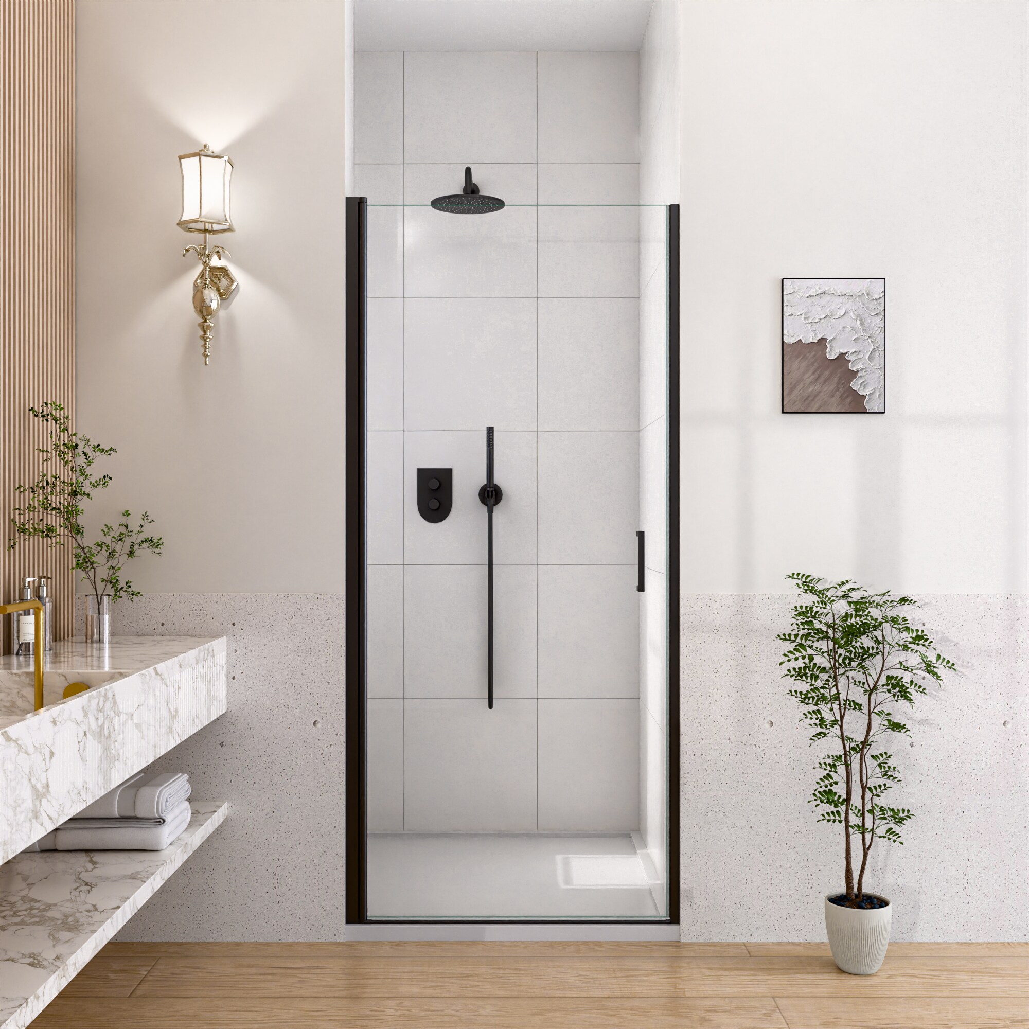 Huluwat - 34 Inches W X 72 Inches H Matte Black Semi-Frameless Circular Pivot Shower Door with 1/...