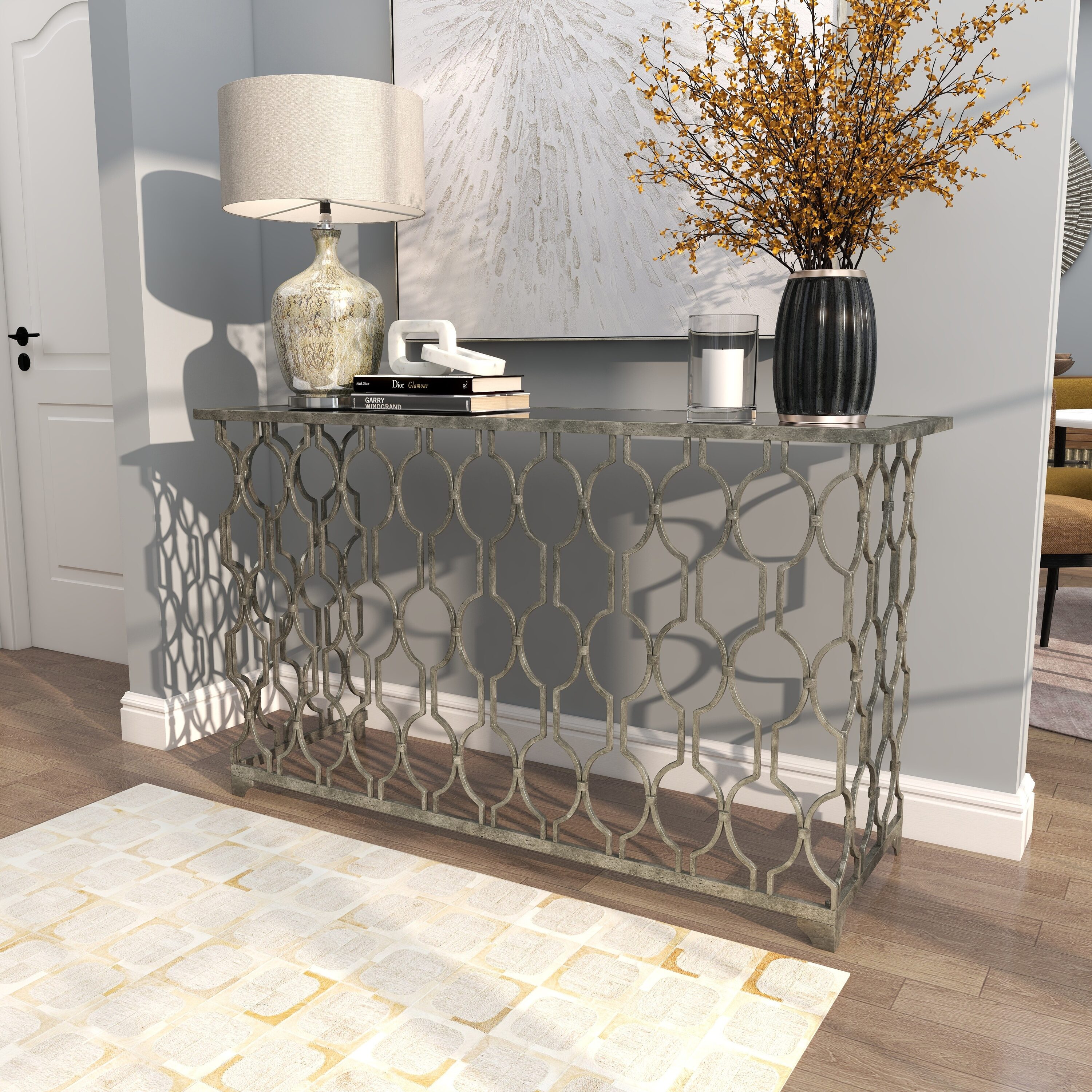 Grayson Lane 67058 Modern Silver with Mirrored Glass Top Console Table