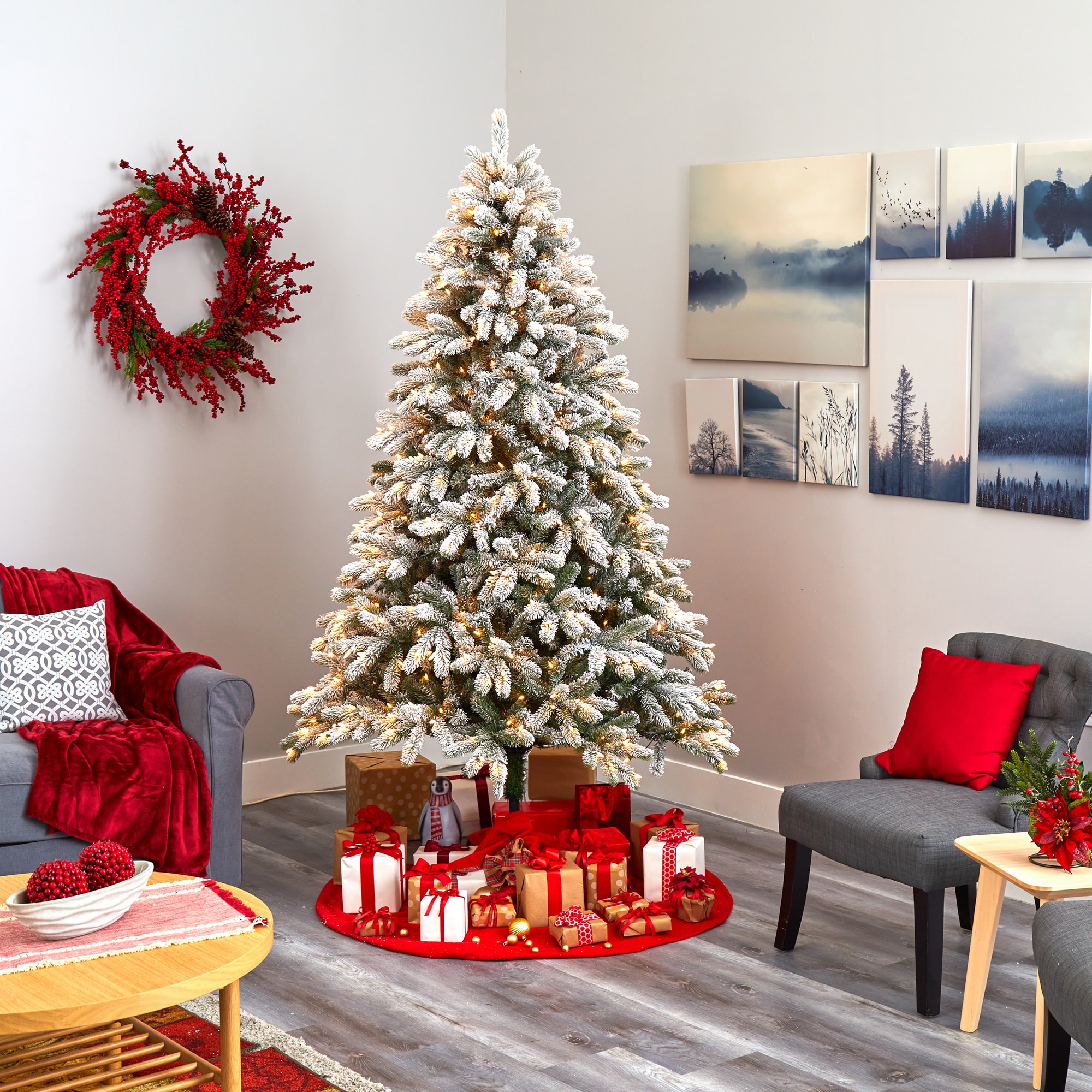 Nearly Natural 7.5-ft Spruce Pre-lit Flocked Artificial Christmas Tree ...