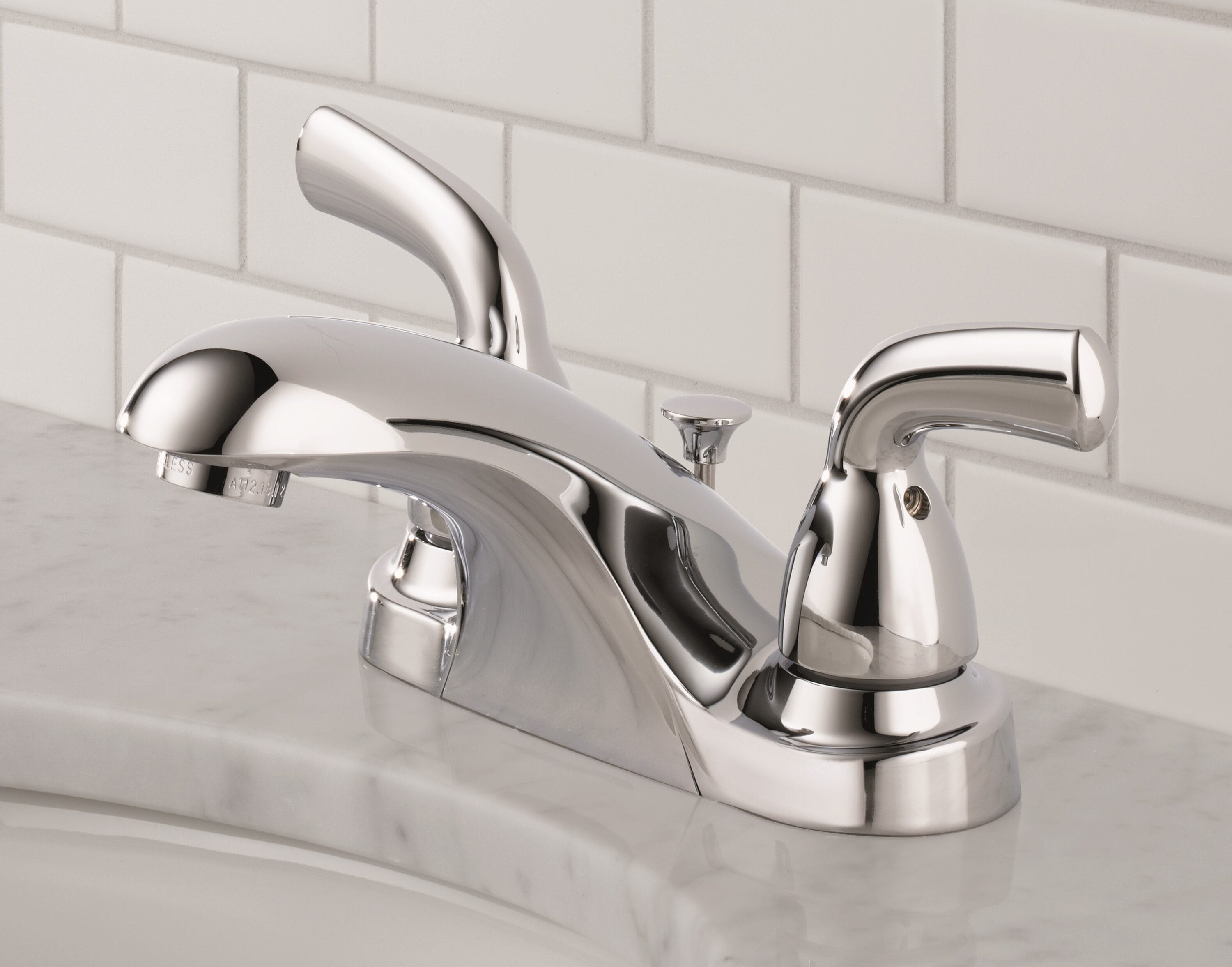 Delta B2510LF-PPU Foundations Chrome 4-in centerset 2-handle WaterSense Mid-arc Residential Handle Bathroom Sink Faucet with Drain
