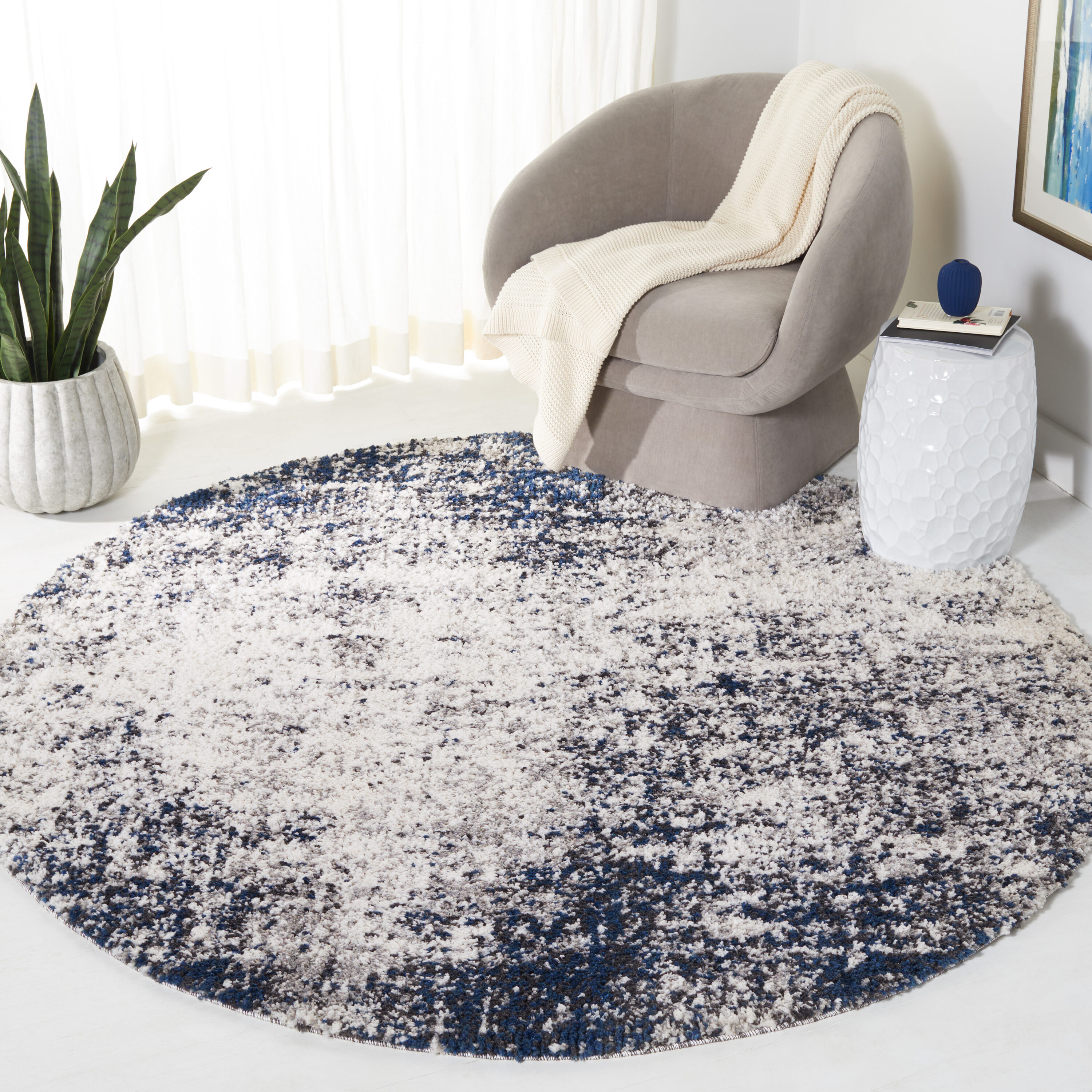 Safavieh JER112A-7R 7 x 7 (ft) Loomed Polyester Ivory/Navy Round Indoor Abstract Mid-Century Modern Area rug